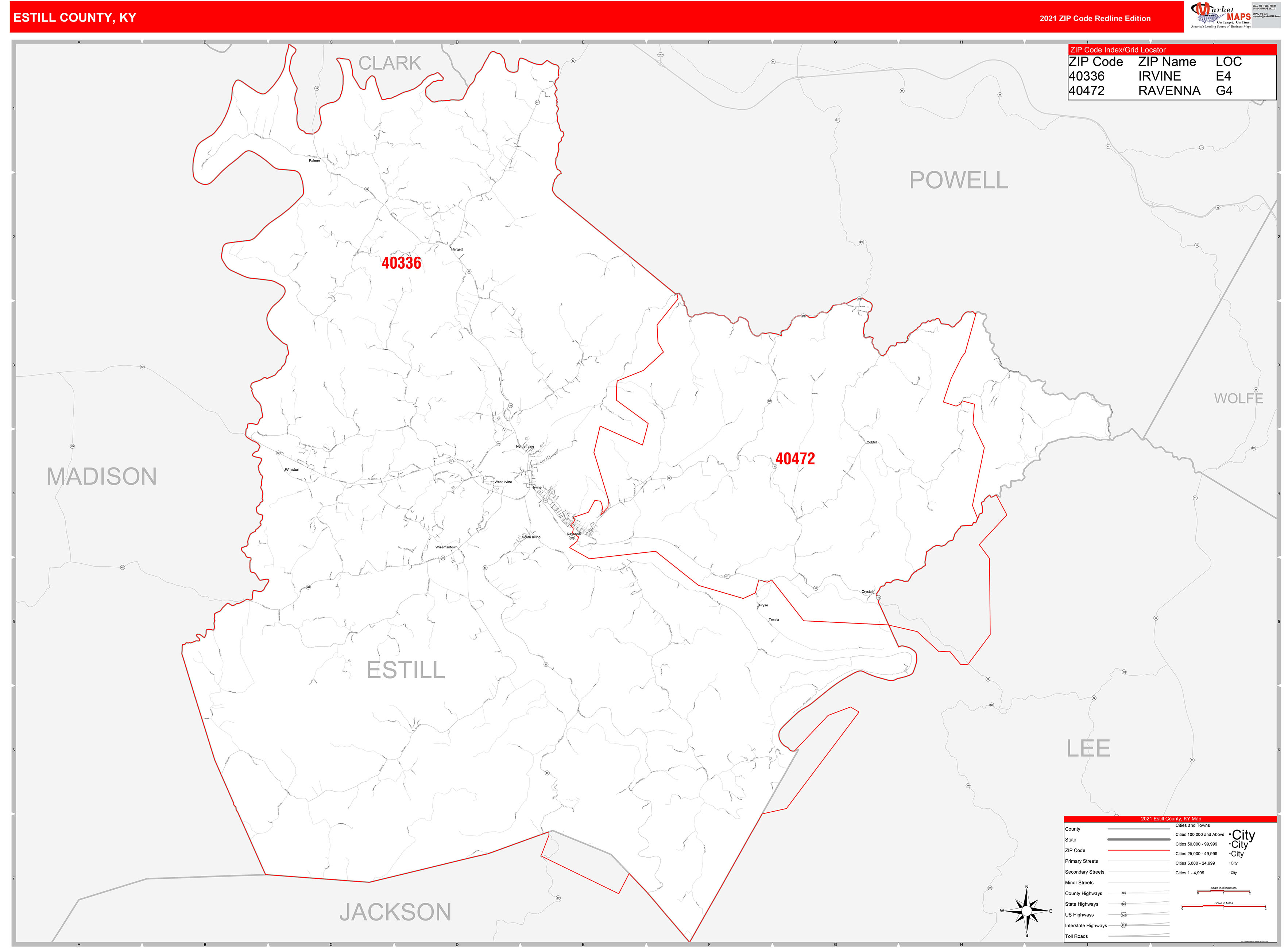 Estill County, KY Zip Code Wall Map Red Line Style by MarketMAPS