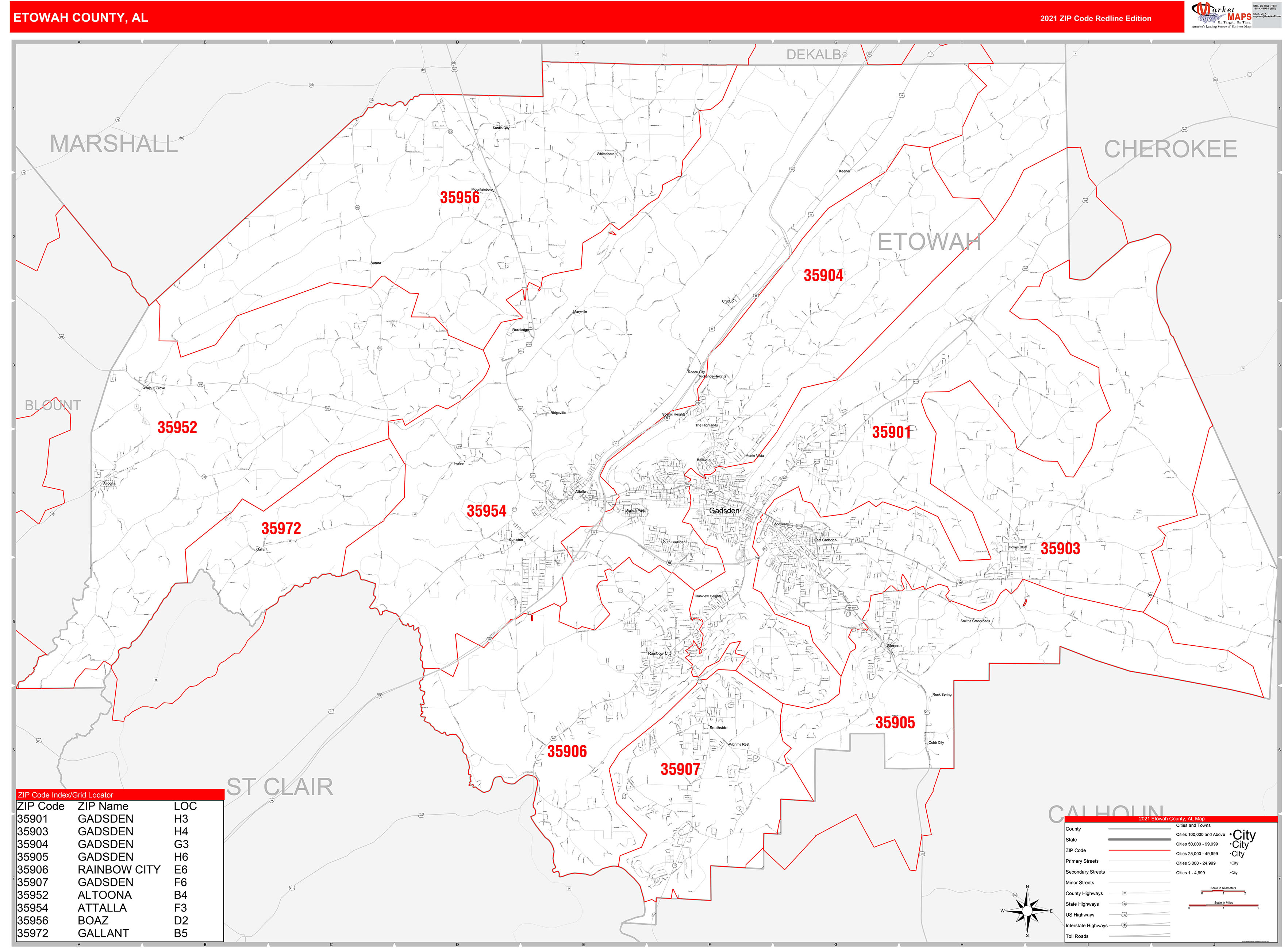 Etowah County, AL Zip Code Wall Map Red Line Style by MarketMAPS MapSales