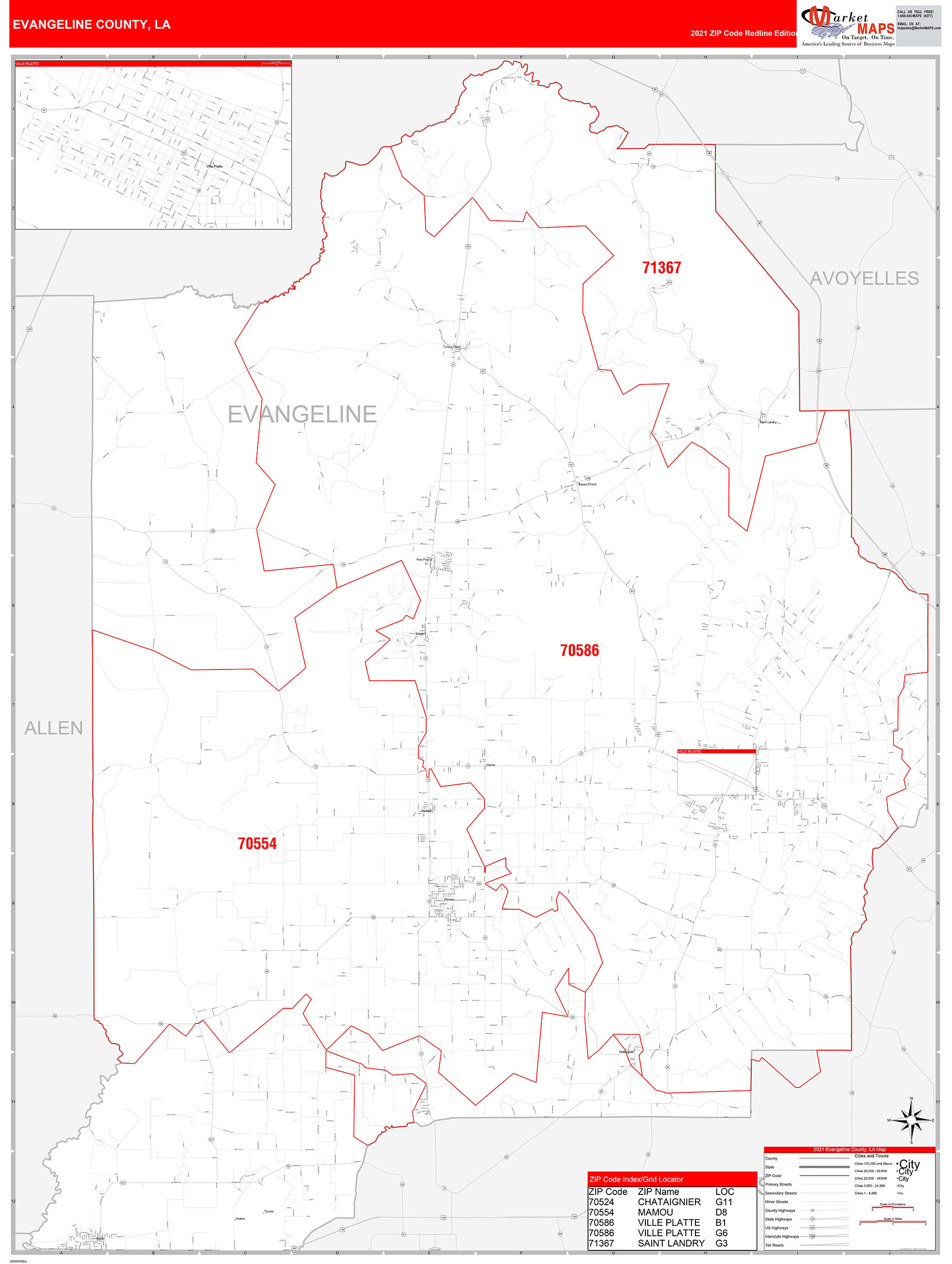 Evangeline County, LA Zip Code Wall Map Red Line Style by MarketMAPS