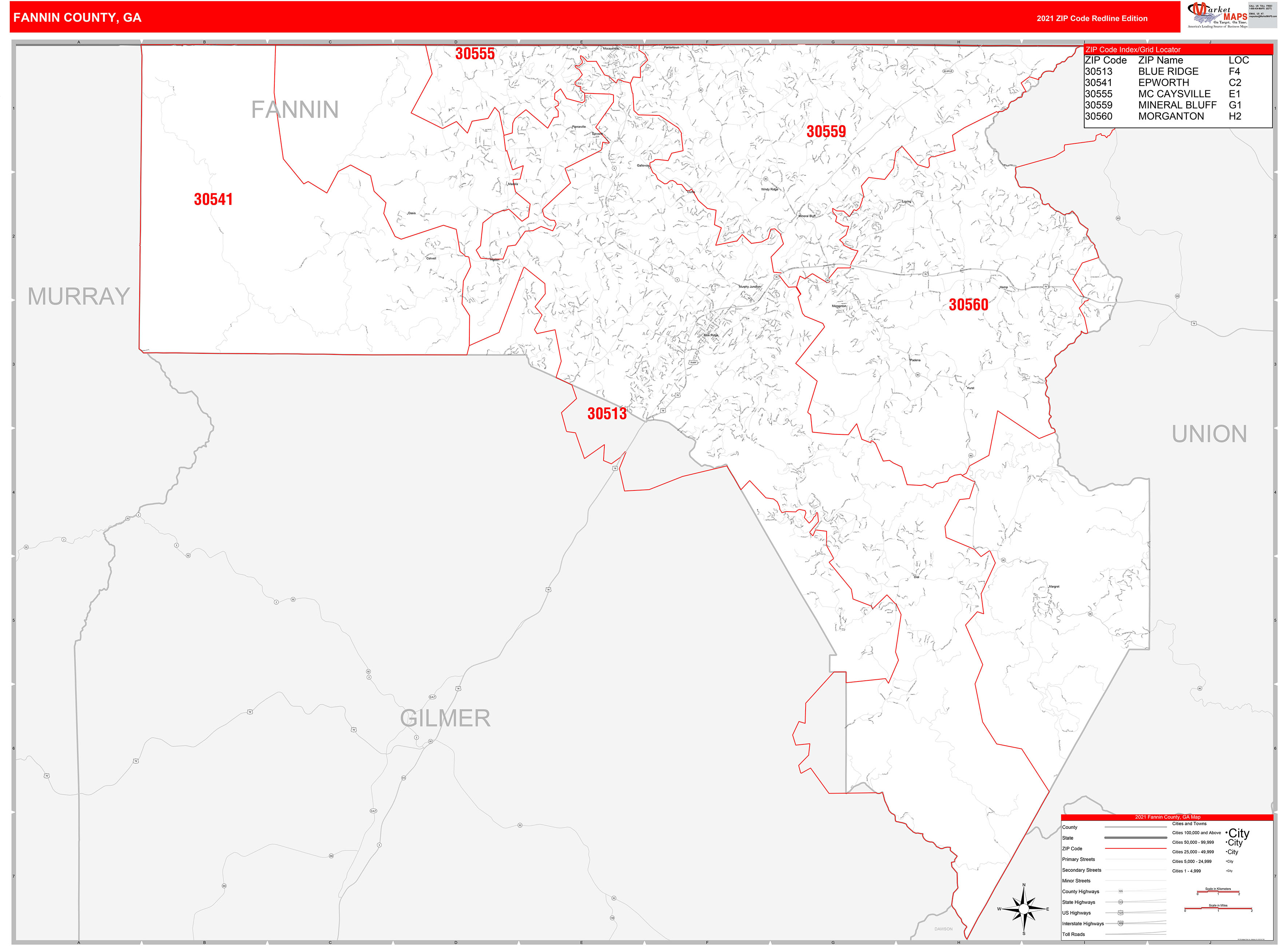 Fannin County, GA Zip Code Wall Map Red Line Style by MarketMAPS MapSales