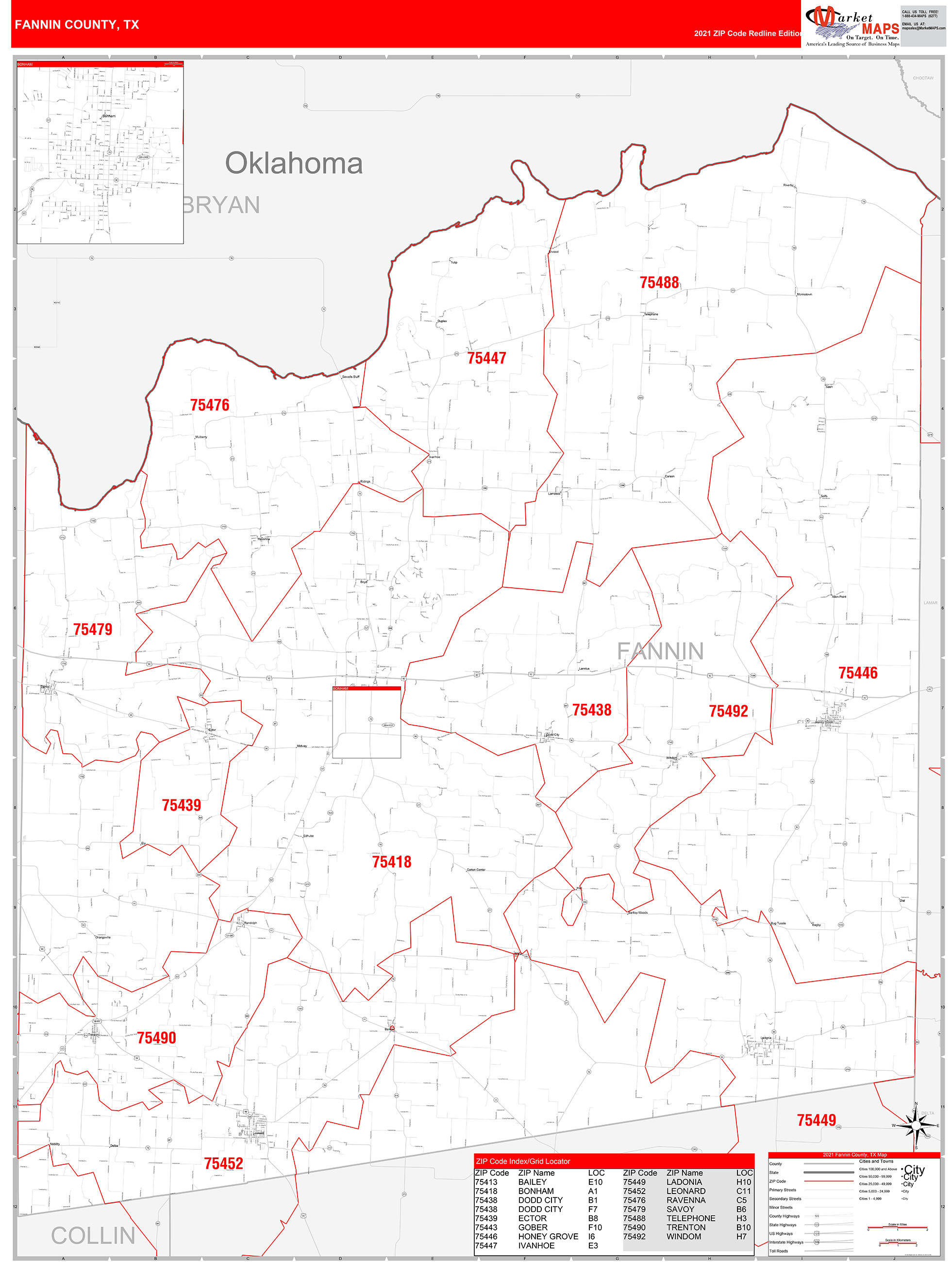 Fannin County, TX Zip Code Wall Map Red Line Style by MarketMAPS