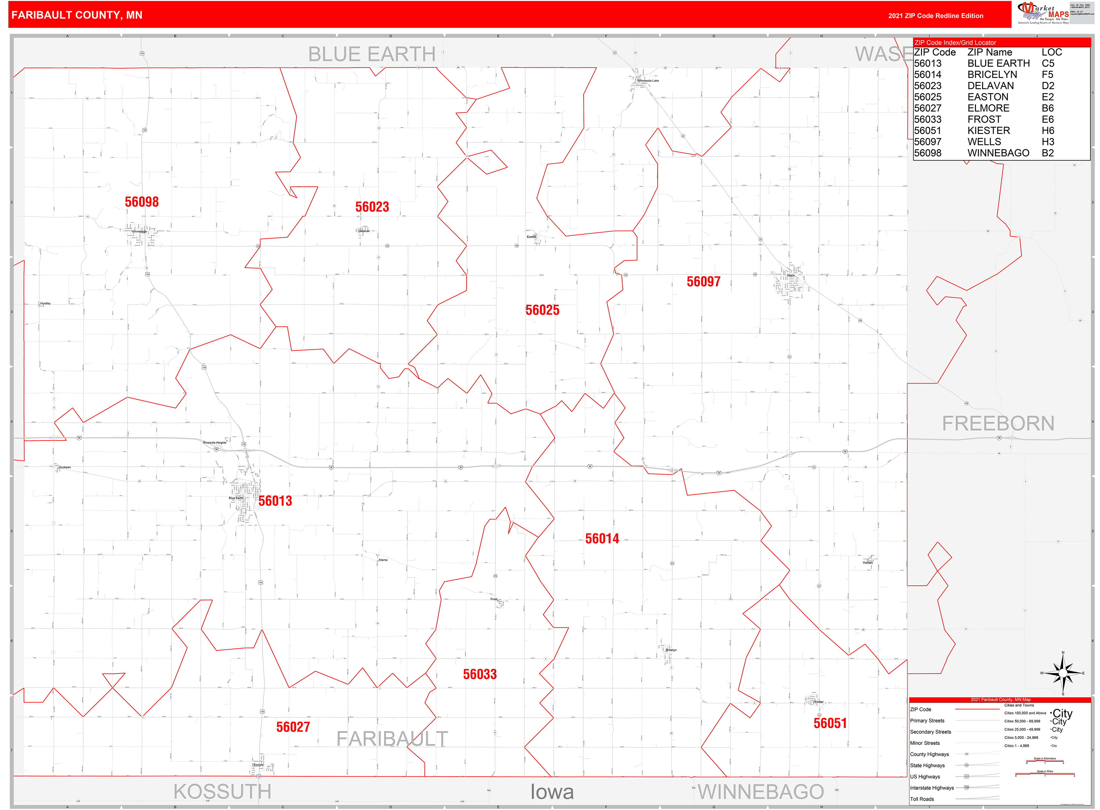 Faribault County, MN Zip Code Wall Map Red Line Style by MarketMAPS
