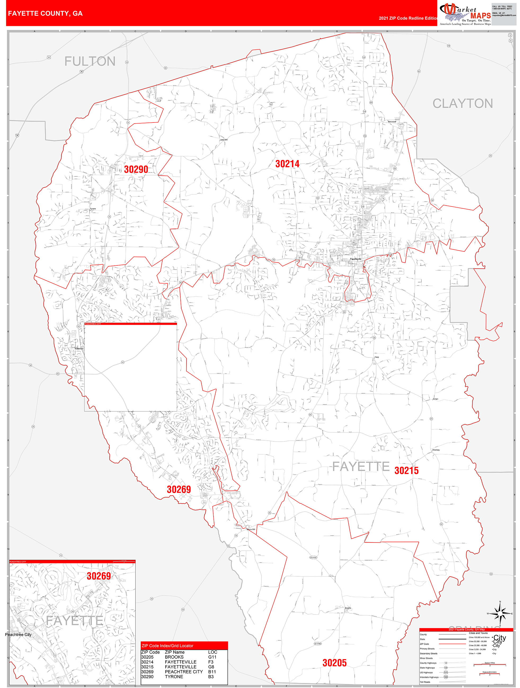 Fayette County Ga Zip Code Wall Map Red Line Style By Marketmaps