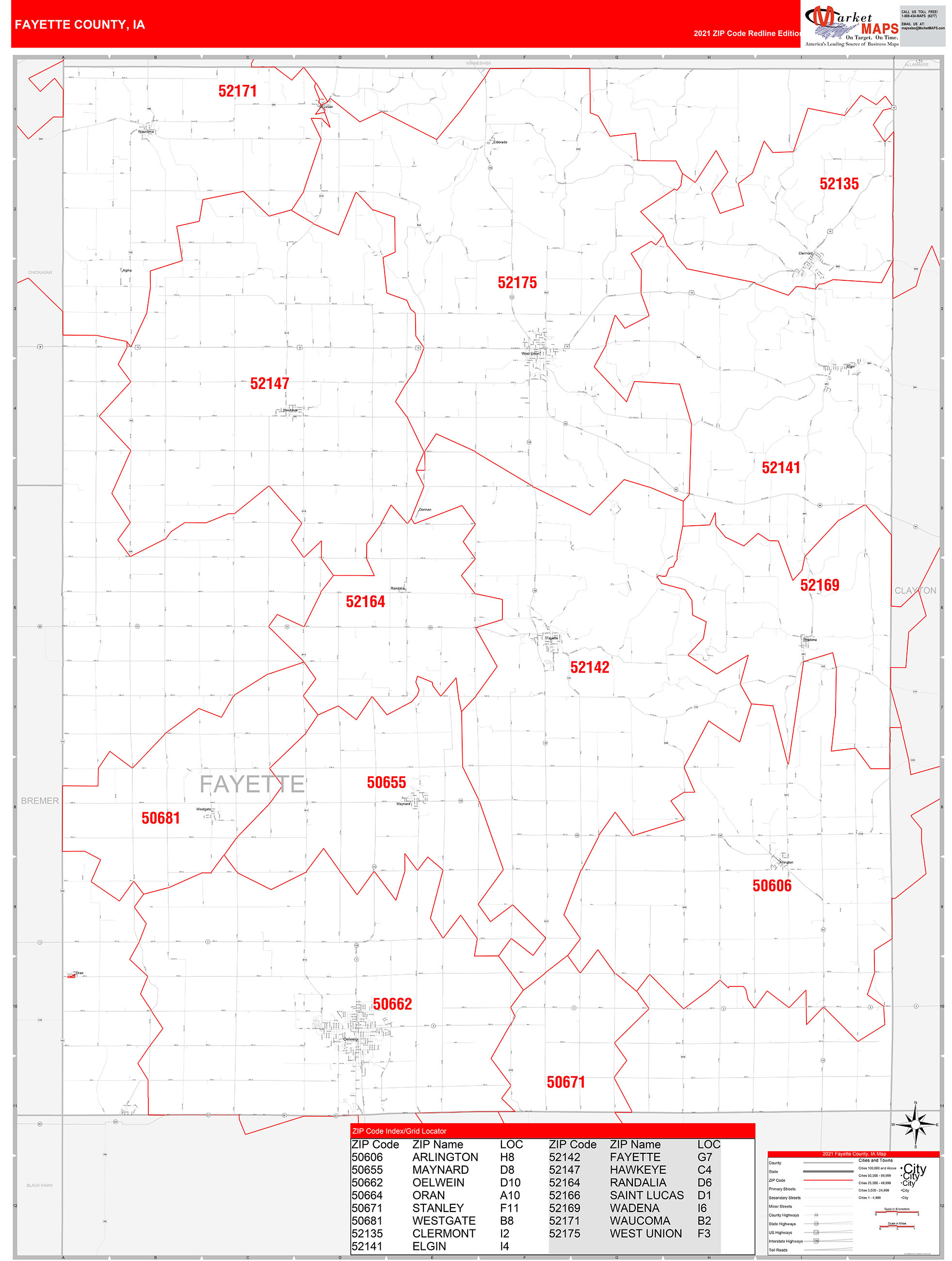 Fayette County, IA Zip Code Wall Map Red Line Style by MarketMAPS