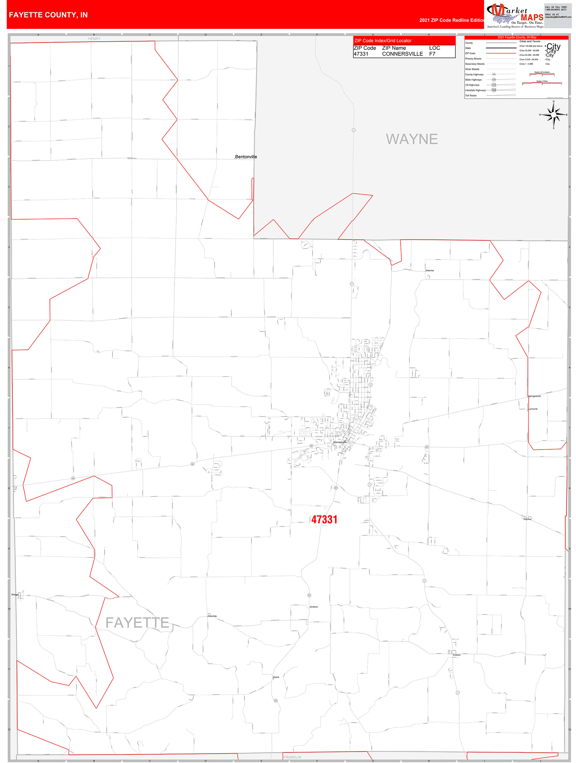 Fayette County, IN Zip Code Wall Map Red Line Style by MarketMAPS