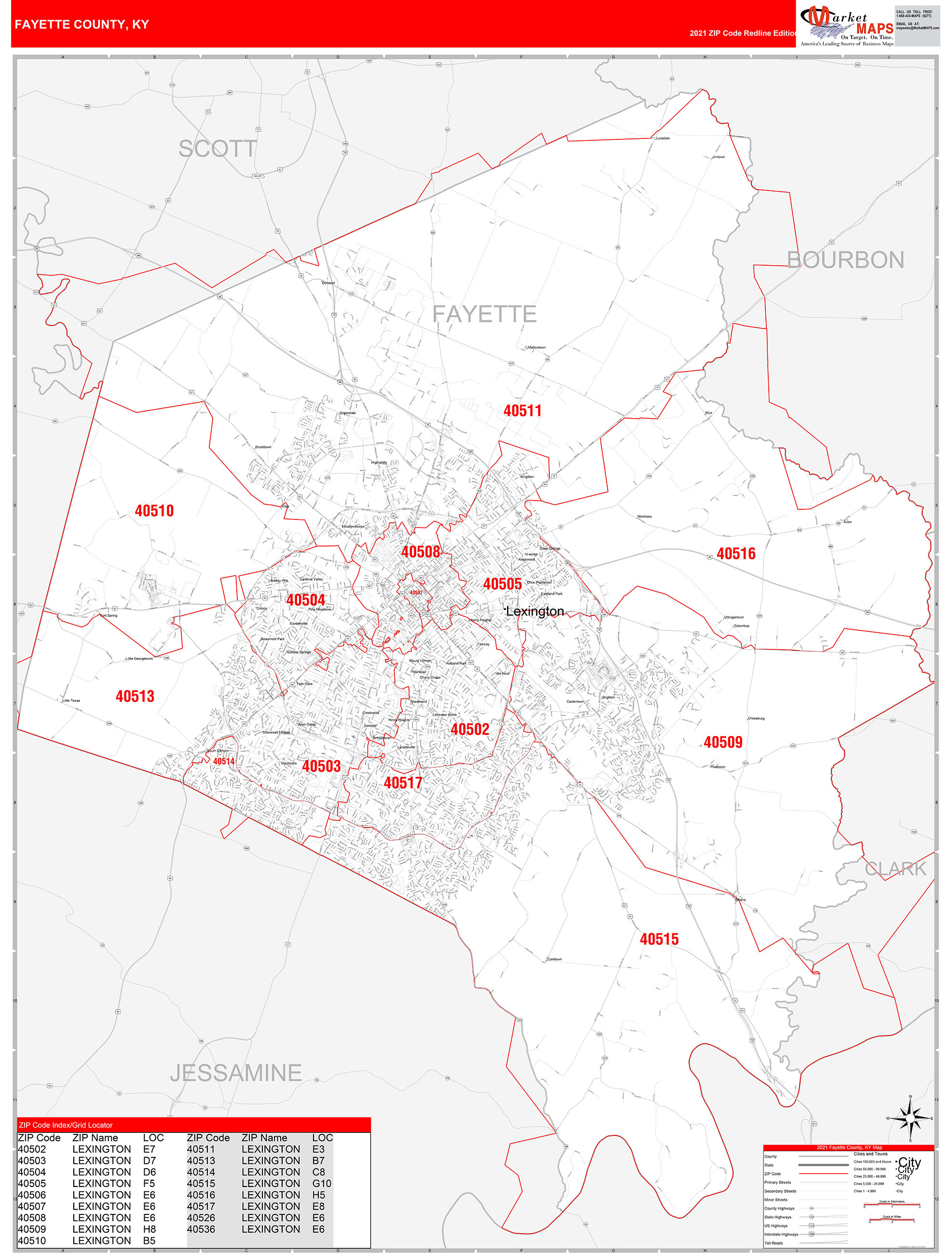 Fayette County Ky Zip Code Wall Map Red Line Style By Marketmaps