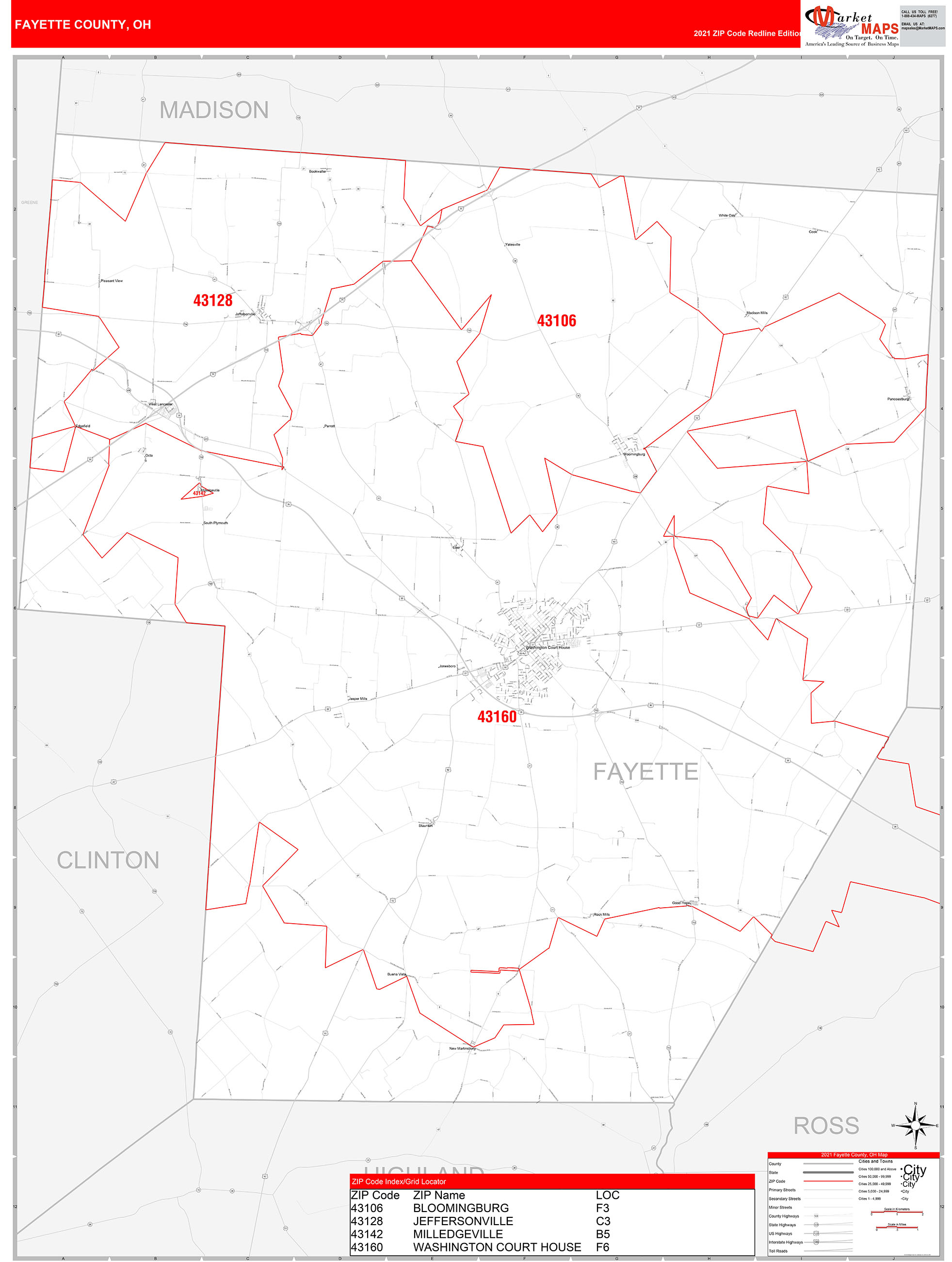 Fayette County, OH Zip Code Wall Map Red Line Style by MarketMAPS