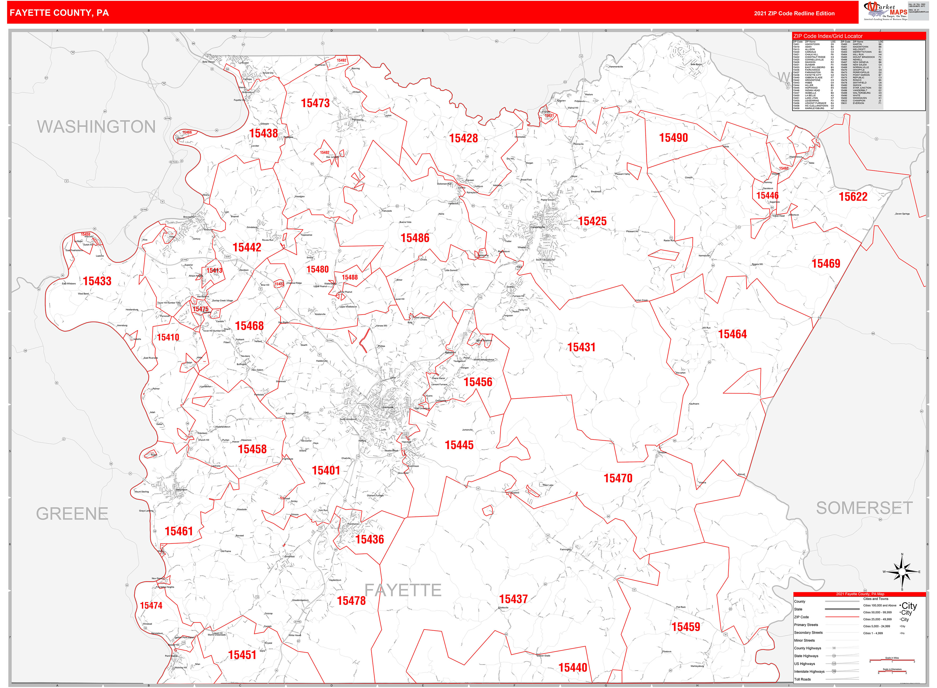 Fayette County, PA Zip Code Wall Map Red Line Style by MarketMAPS