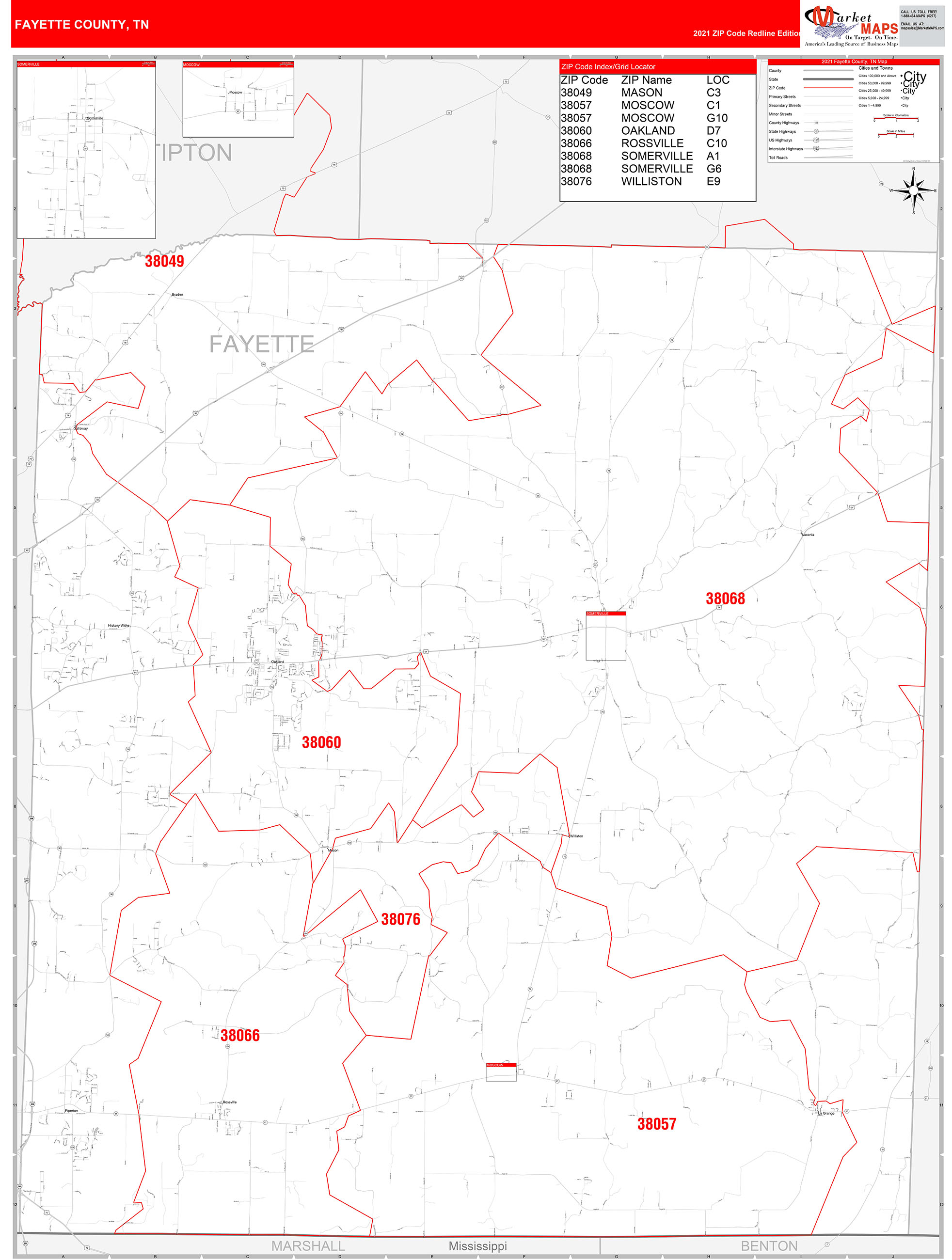 Fayette County, TN Zip Code Wall Map Red Line Style by MarketMAPS