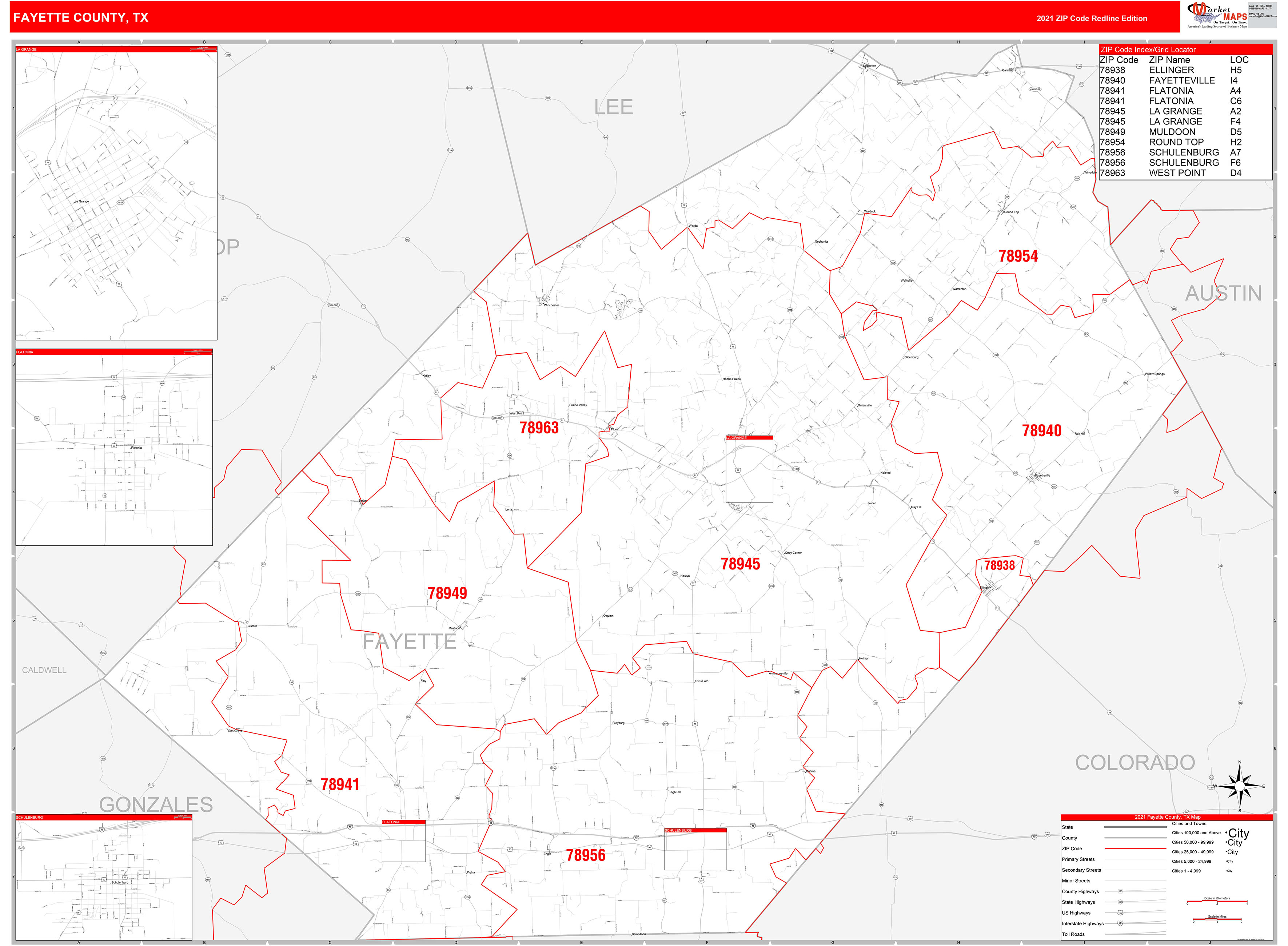 Fayette County Tx Zip Code Wall Map Red Line Style By Marketmaps