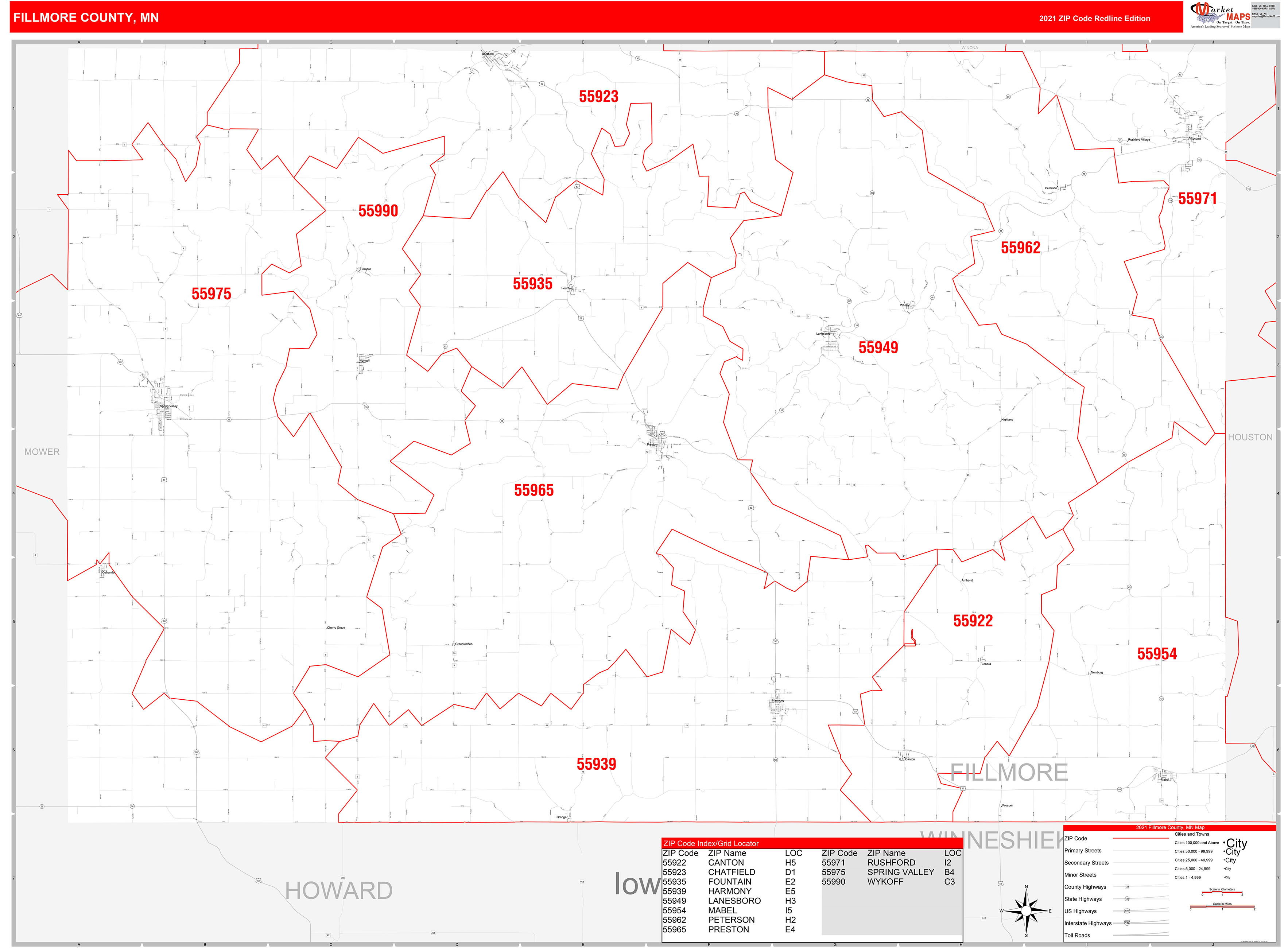 Fillmore County, MN Zip Code Wall Map Red Line Style by MarketMAPS