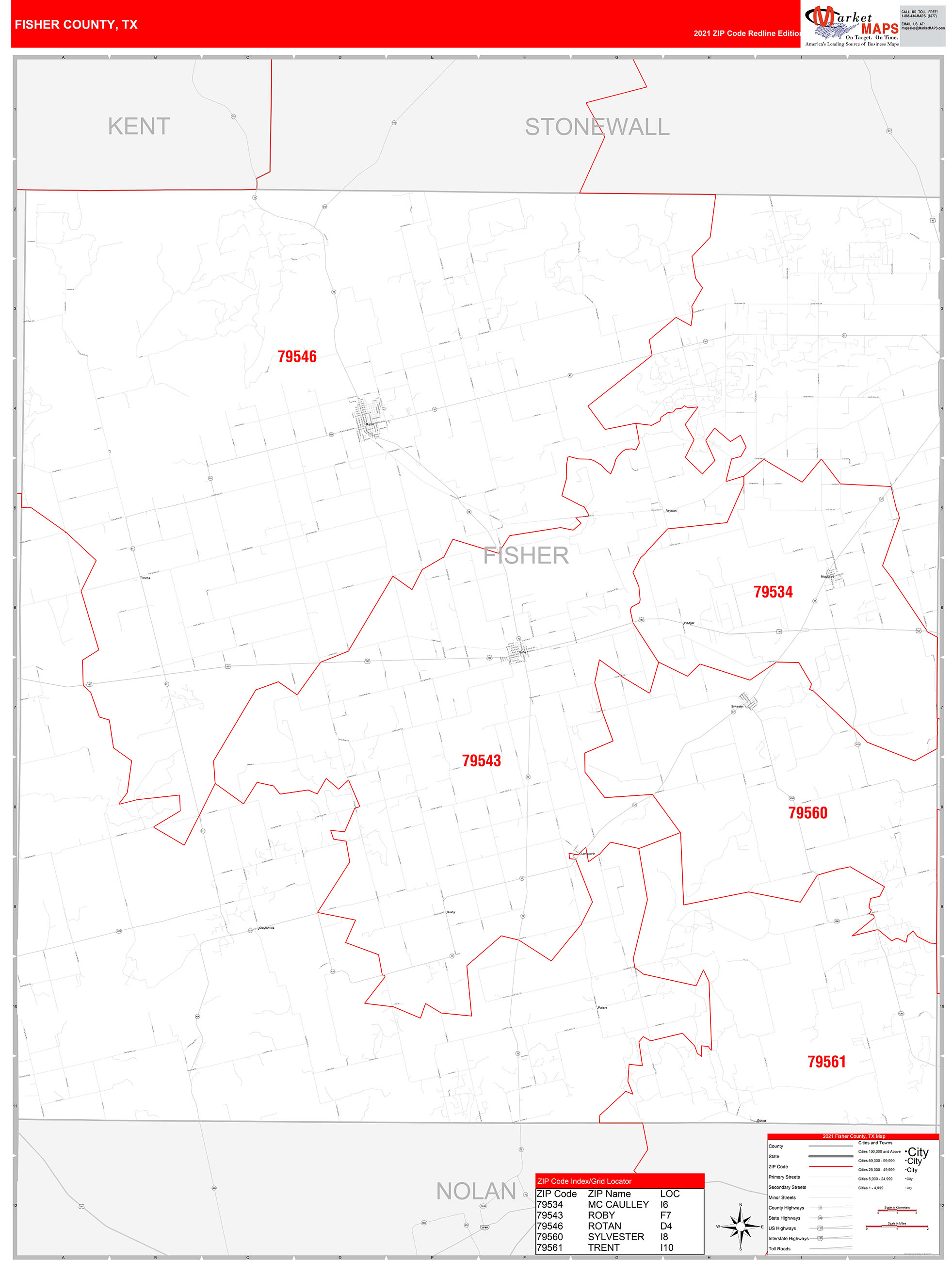Fisher County, TX Zip Code Wall Map Red Line Style by MarketMAPS