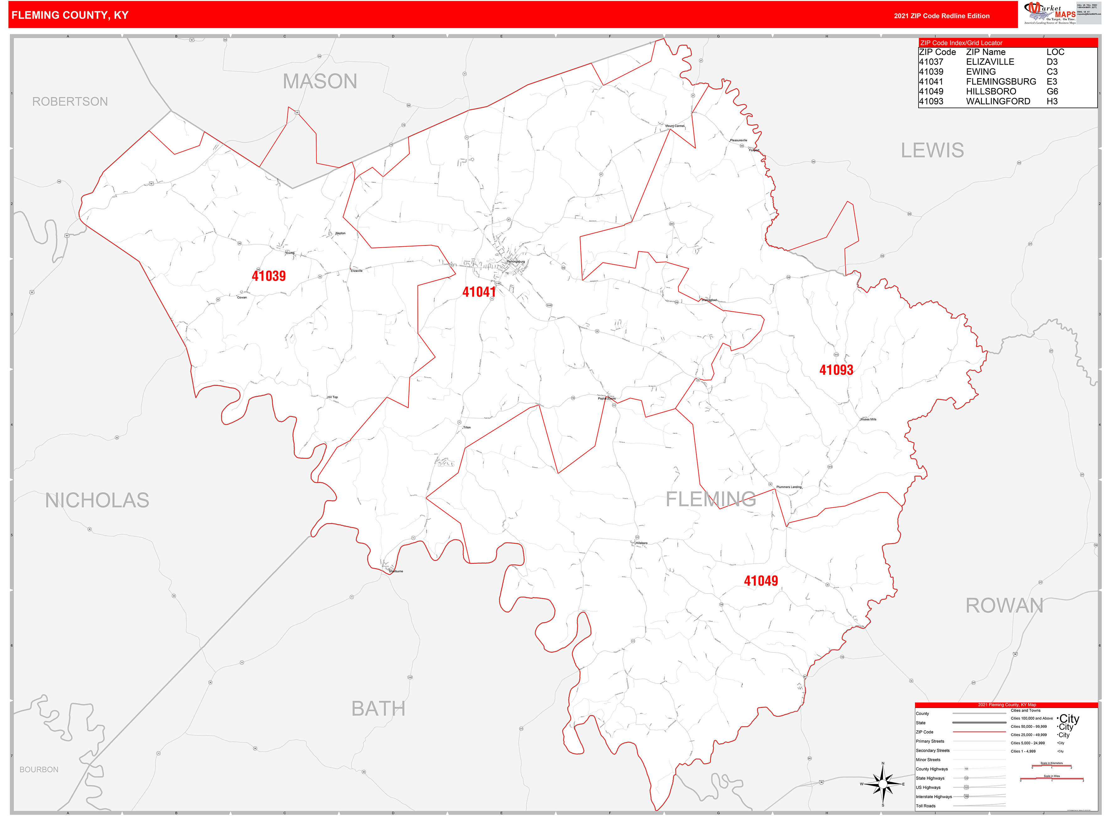 Fleming County, KY Zip Code Wall Map Red Line Style by MarketMAPS