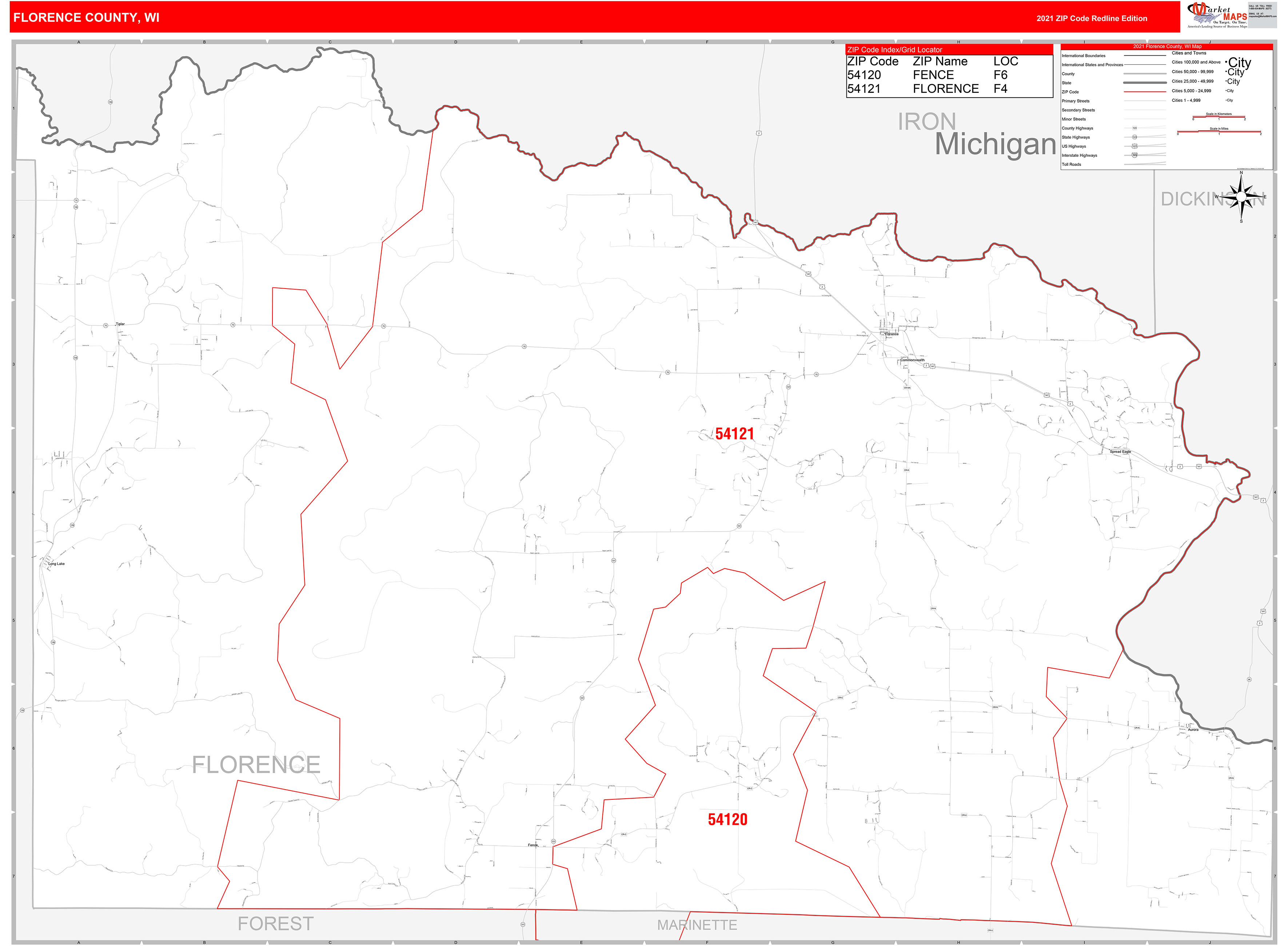 Florence County, WI Zip Code Wall Map Red Line Style by MarketMAPS