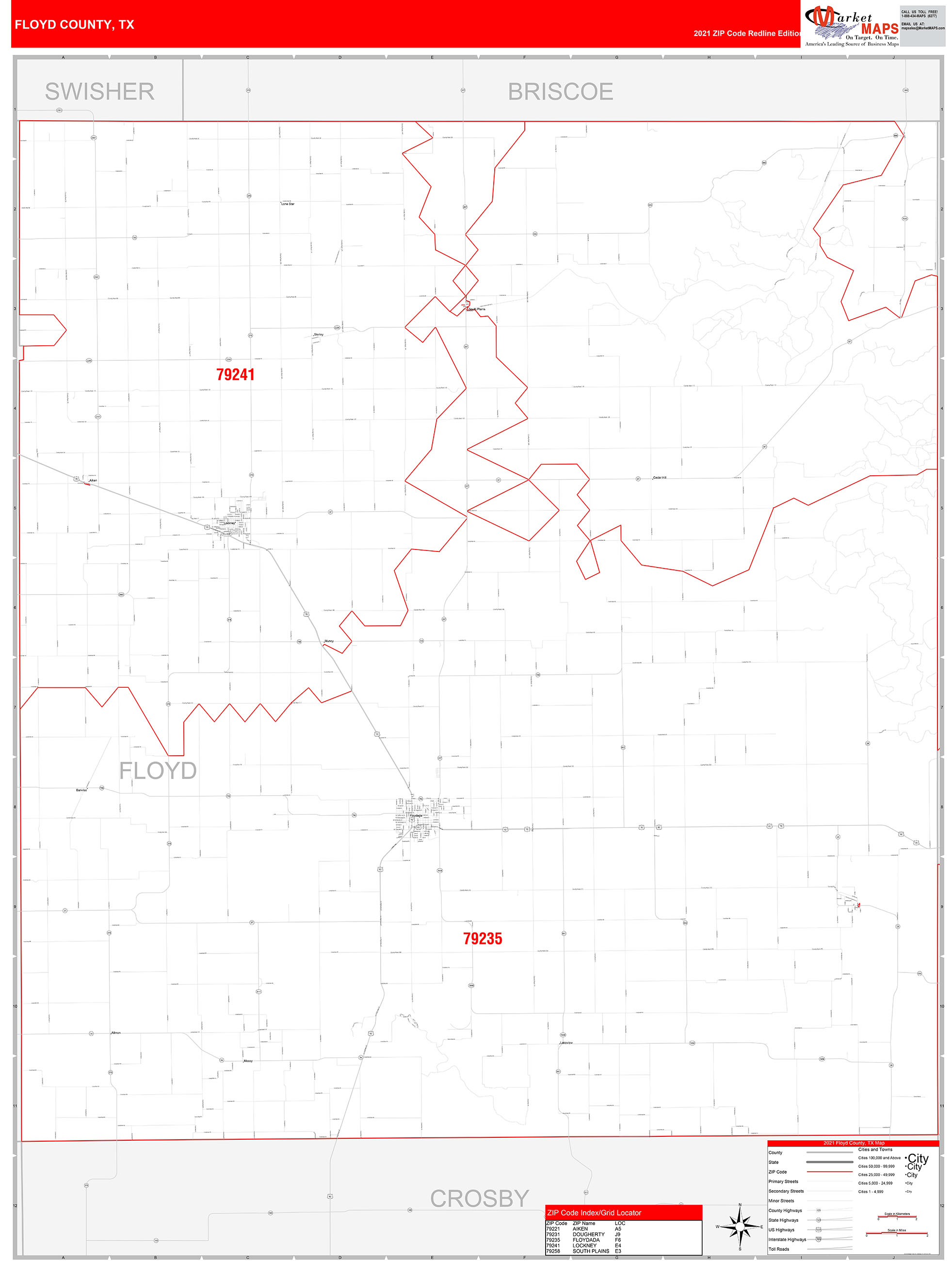 Floyd County, TX Zip Code Wall Map Red Line Style by MarketMAPS