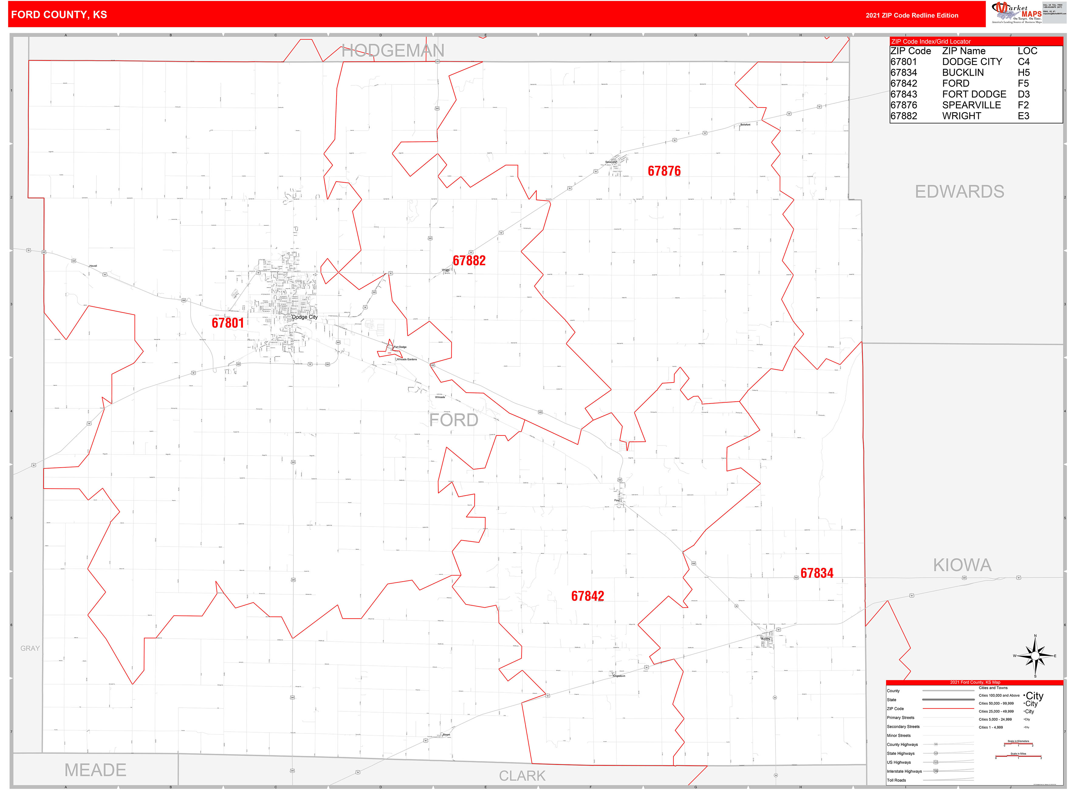 Ford County, KS Zip Code Wall Map Red Line Style by MarketMAPS