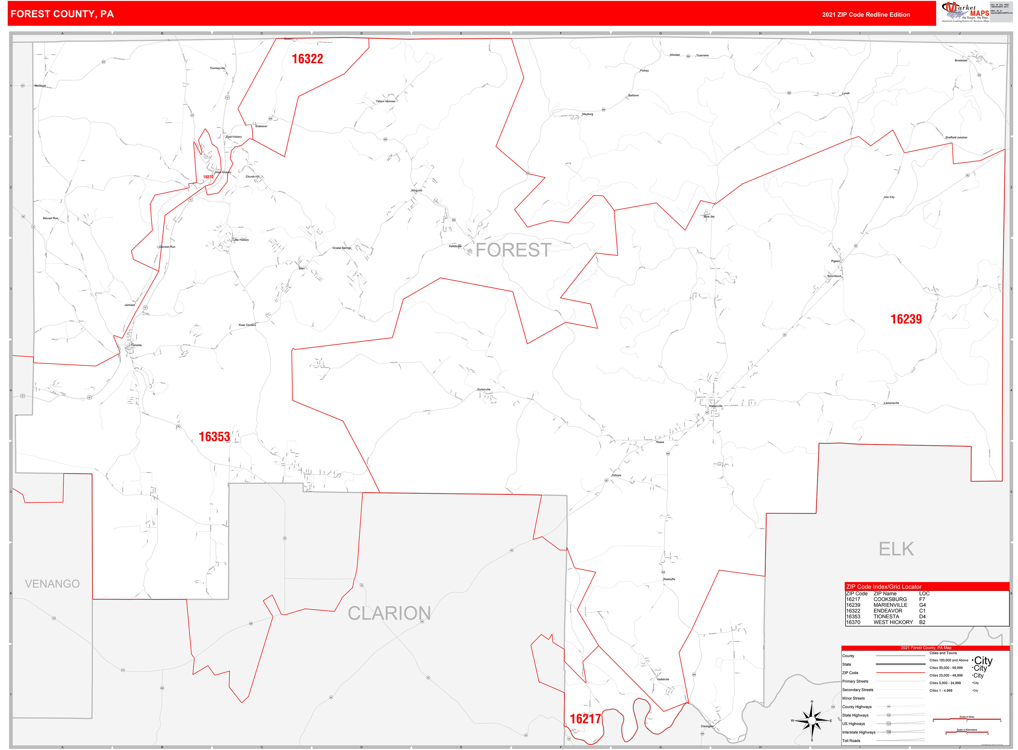 Forest County, PA Zip Code Wall Map Red Line Style by MarketMAPS
