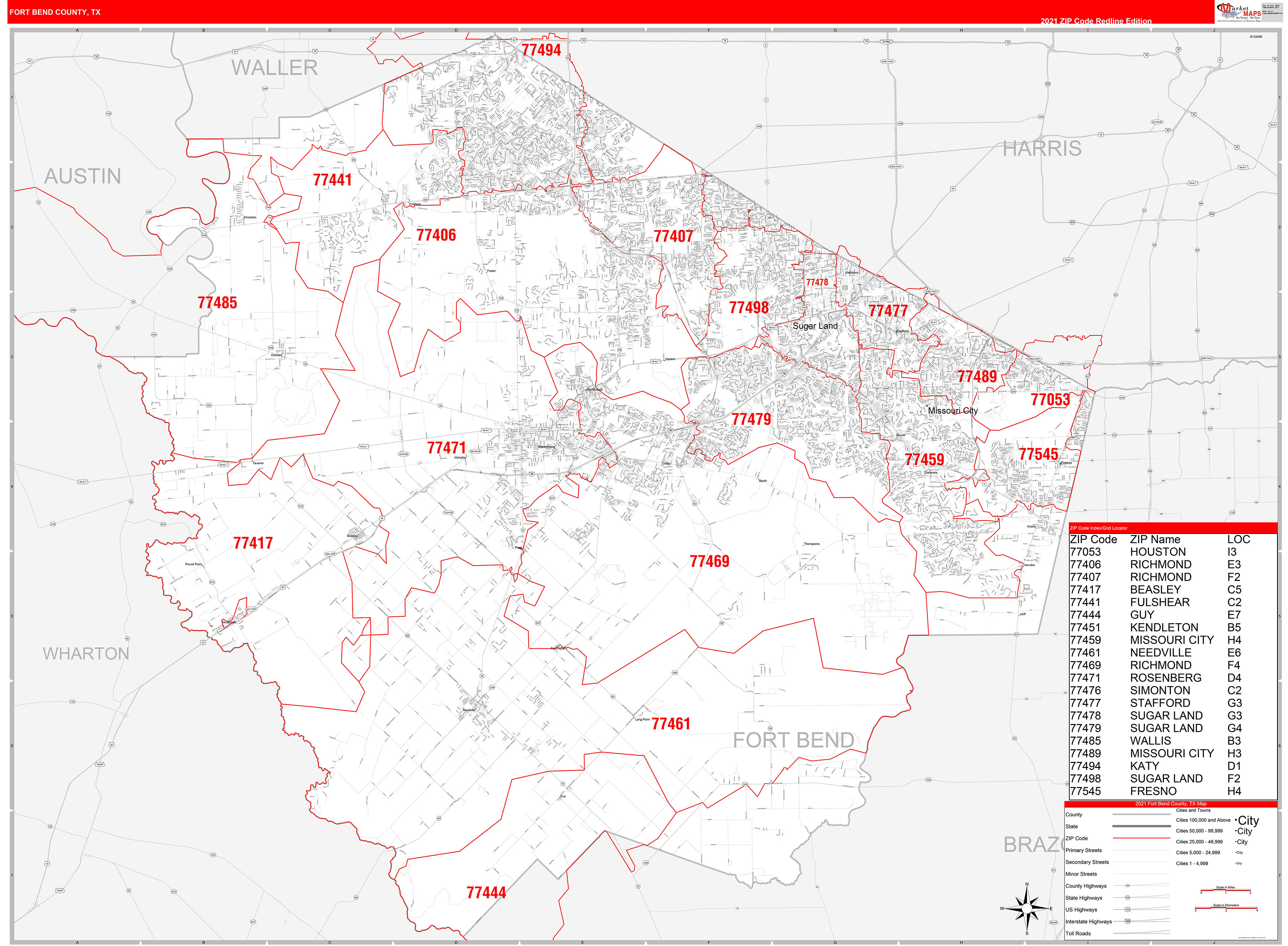 Fort Bend County, TX Zip Code Wall Map Red Line Style by MarketMAPS