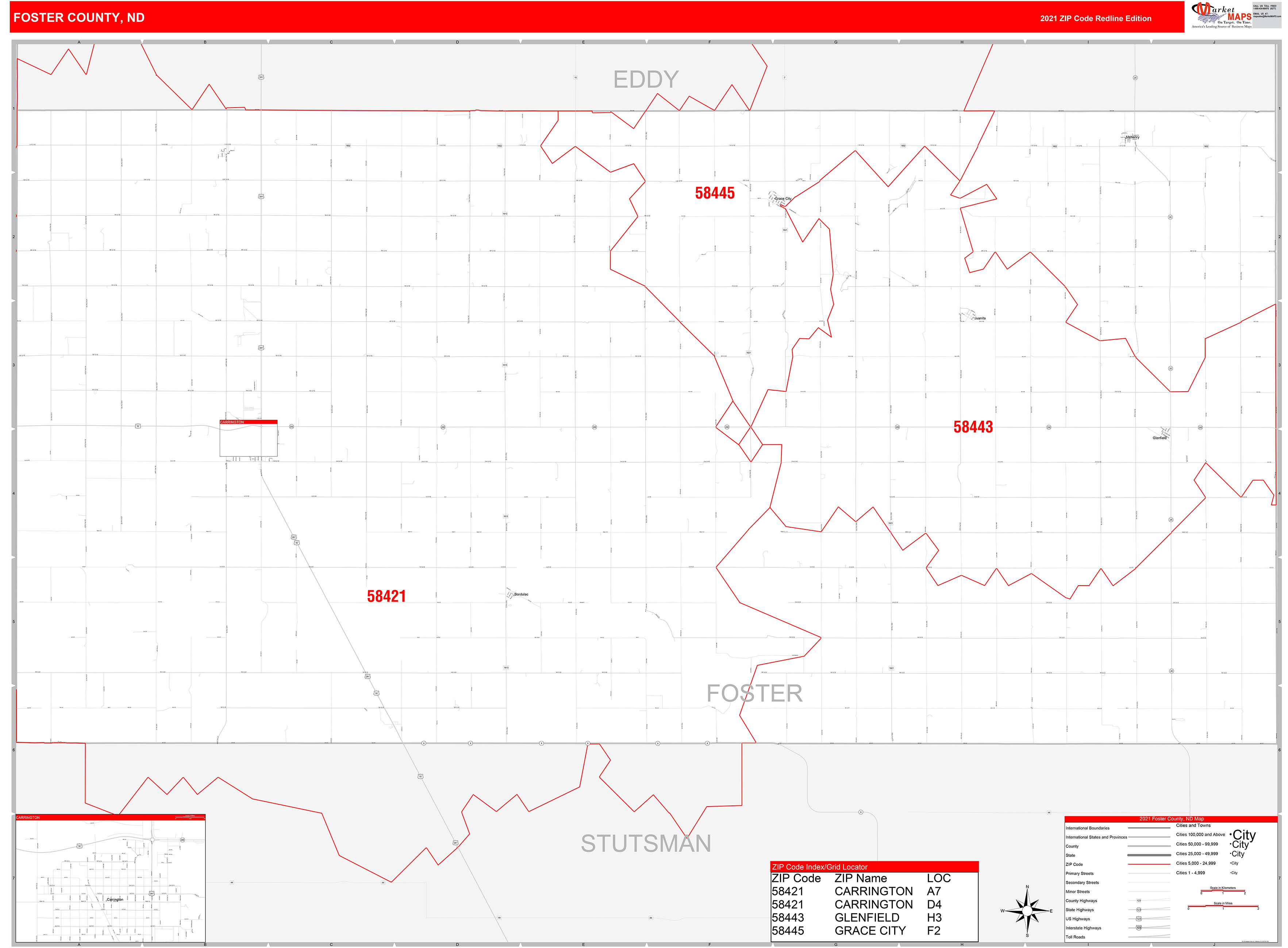 Foster County, ND Zip Code Wall Map Red Line Style by MarketMAPS