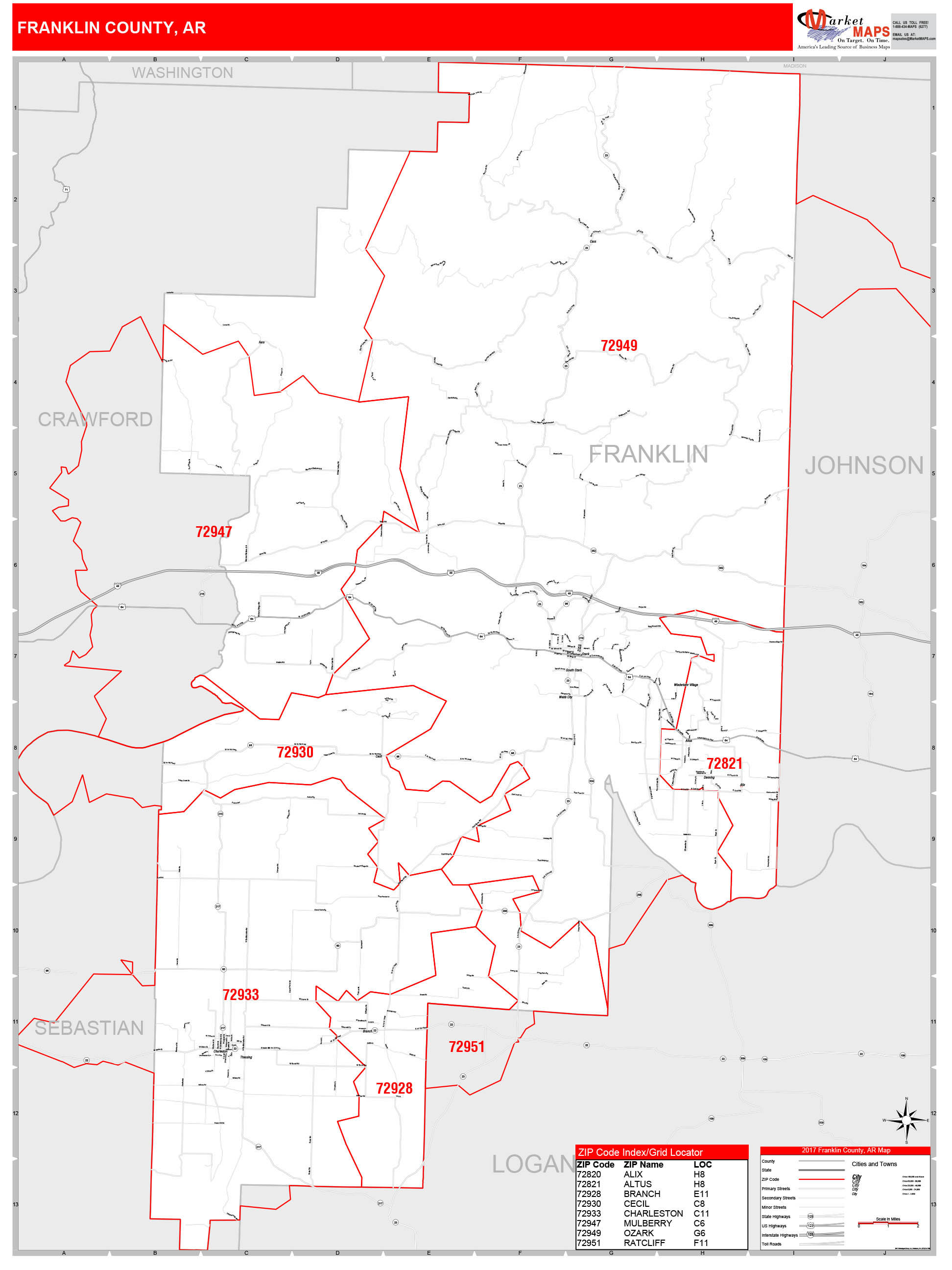 Franklin County, AR Zip Code Wall Map Red Line Style by MarketMAPS