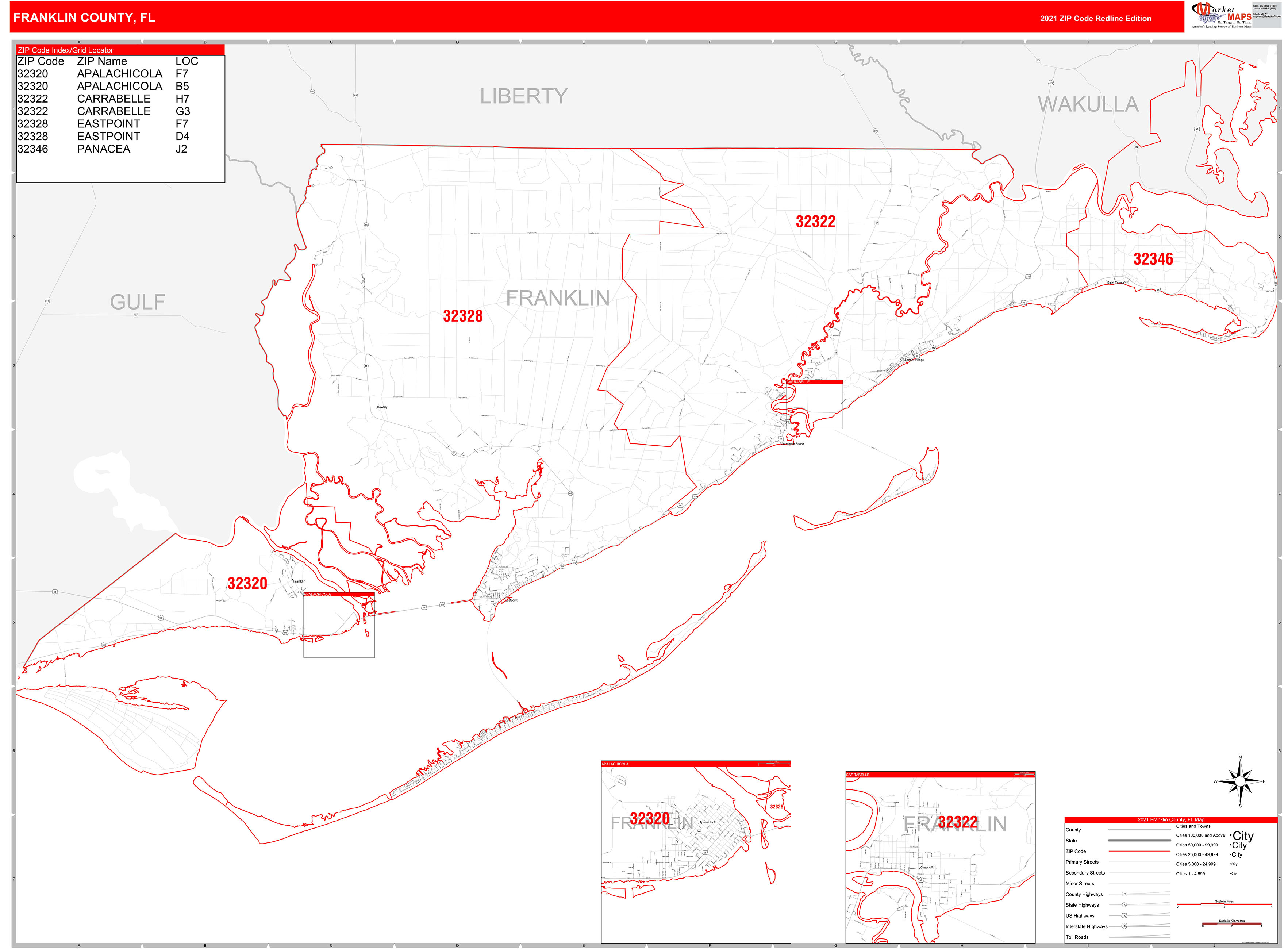 Franklin County, FL Zip Code Wall Map Red Line Style by MarketMAPS