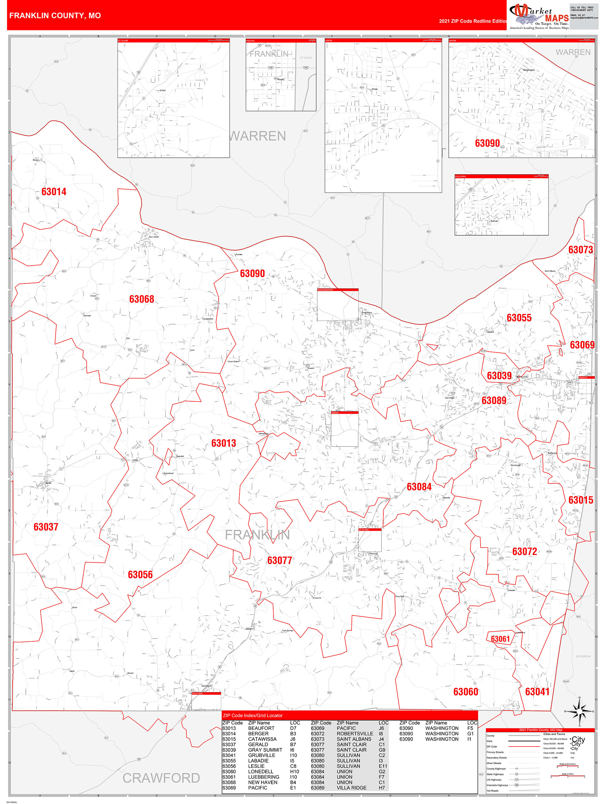 Franklin County Mo Zip Code Wall Map Red Line Style By Marketmaps