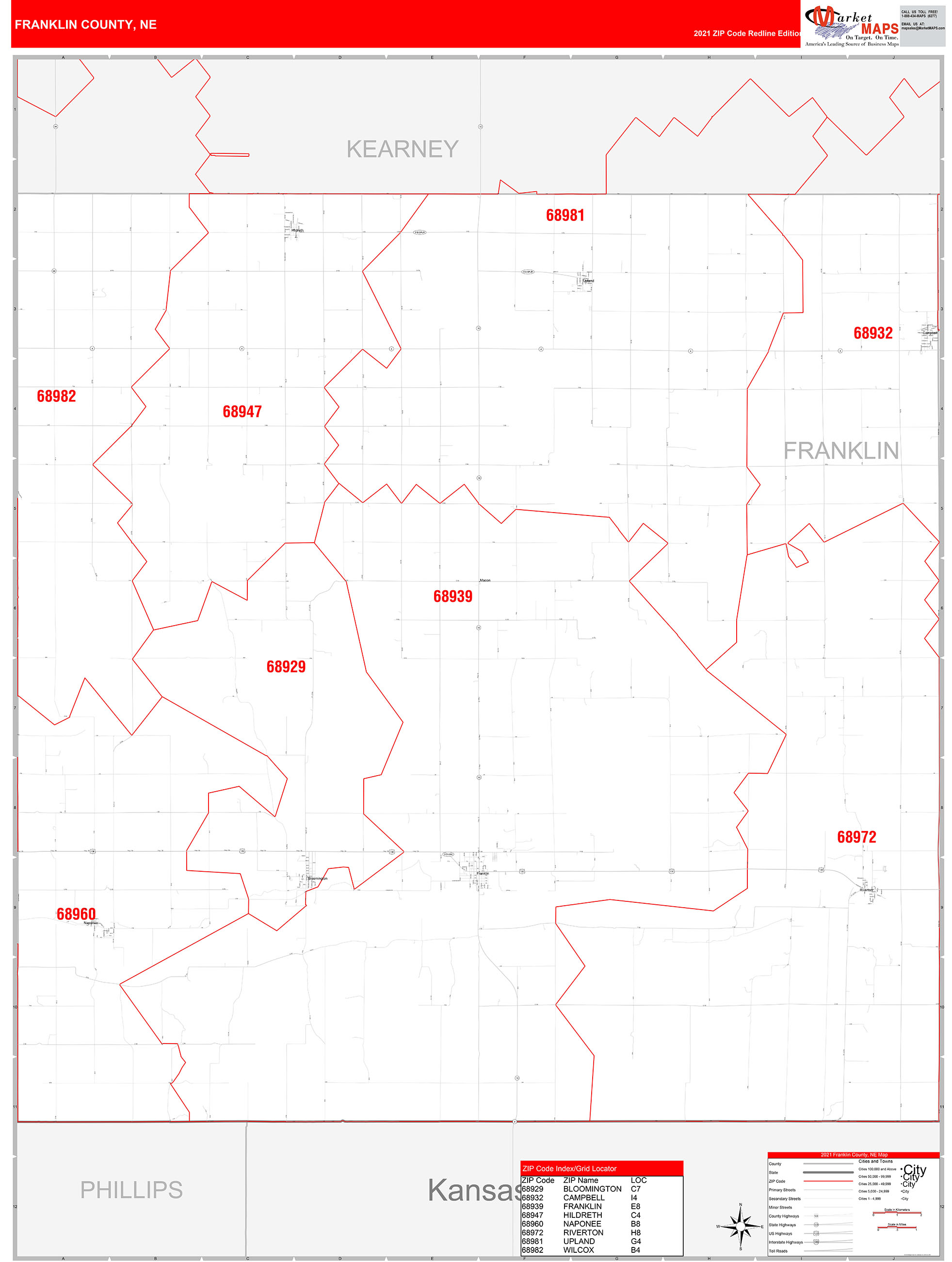 Franklin County, NE Zip Code Wall Map Red Line Style by MarketMAPS