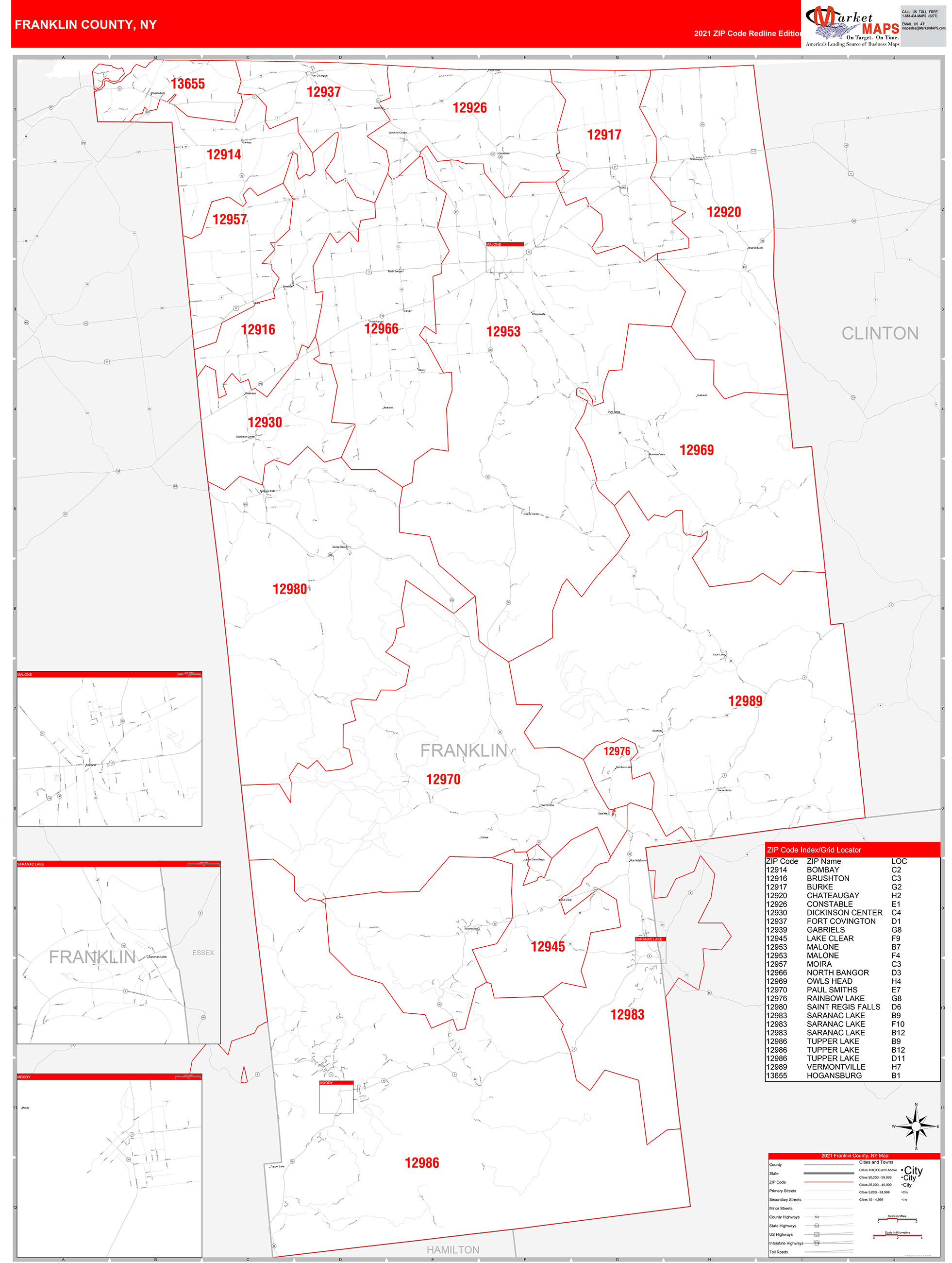 Franklin County, NY Zip Code Wall Map Red Line Style by MarketMAPS MapSales