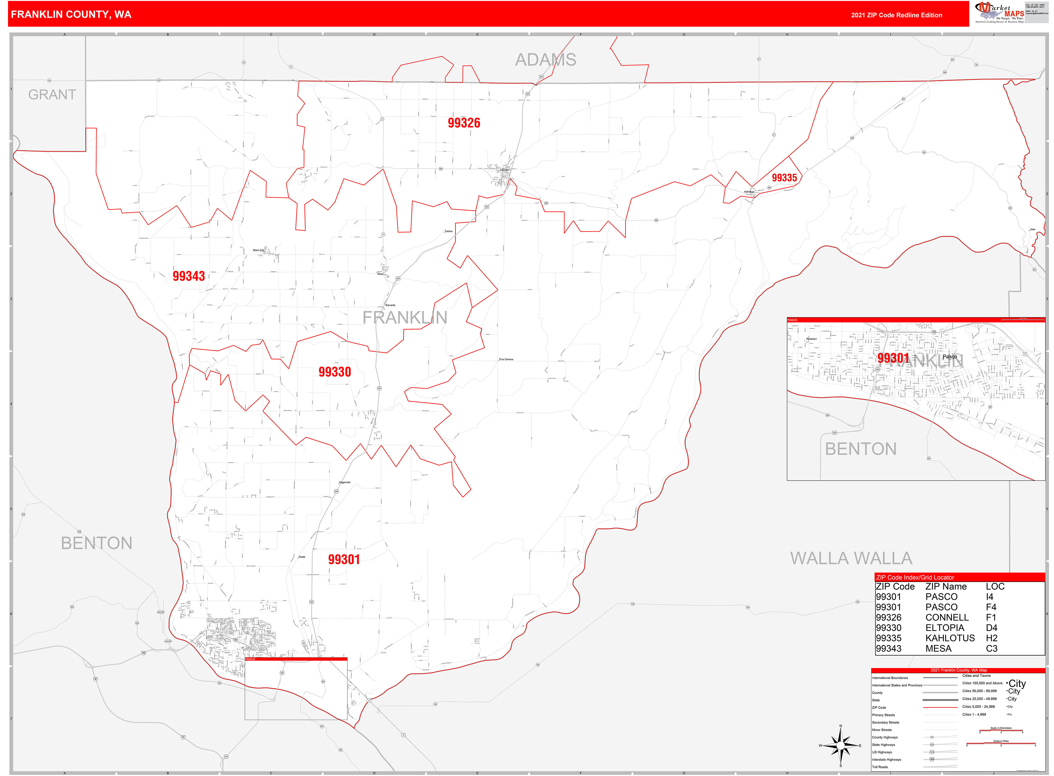 Franklin County, WA Zip Code Wall Map Red Line Style by MarketMAPS