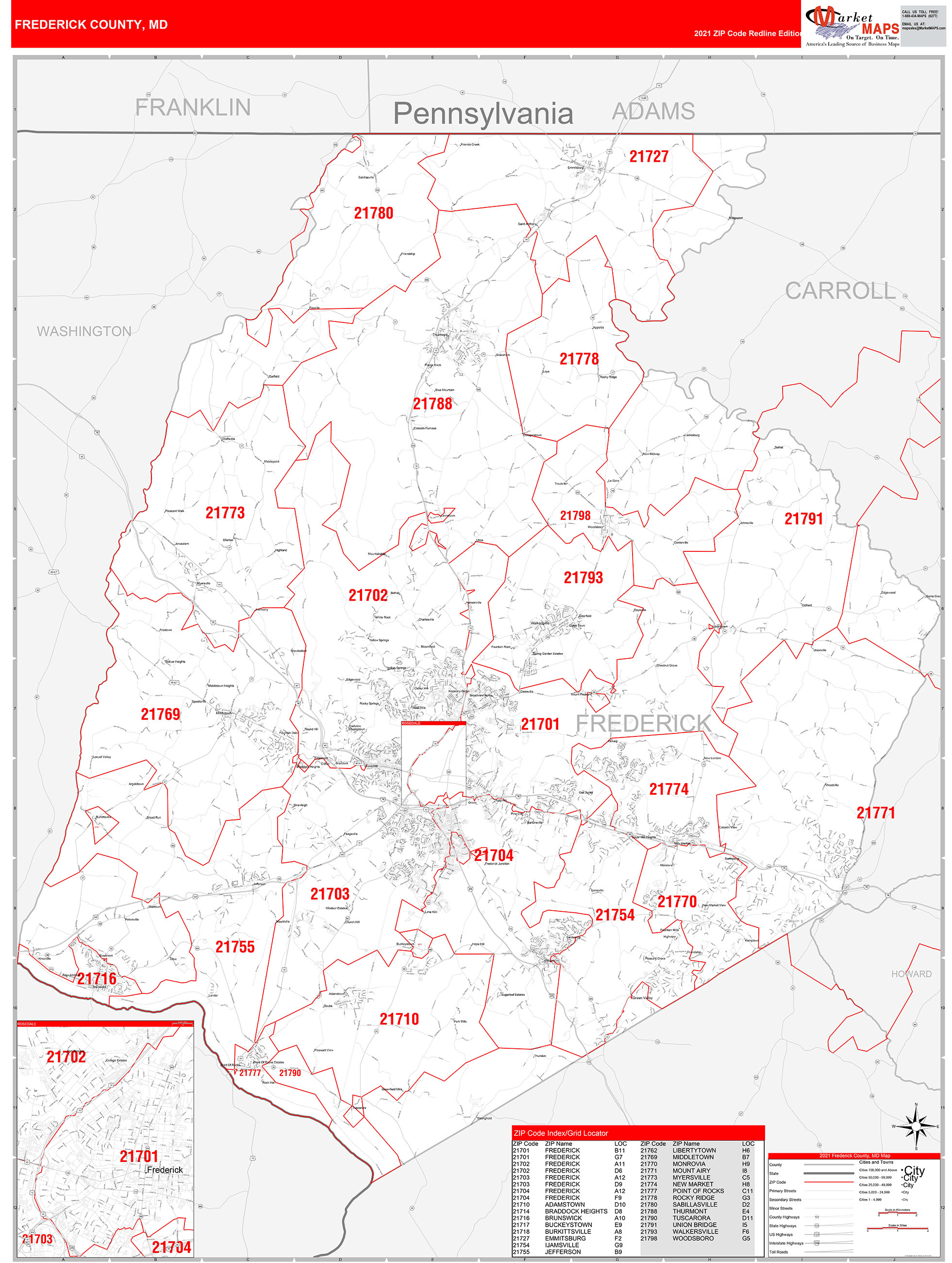 Frederick County Md Zip Code Wall Map Red Line Style By Marketmaps