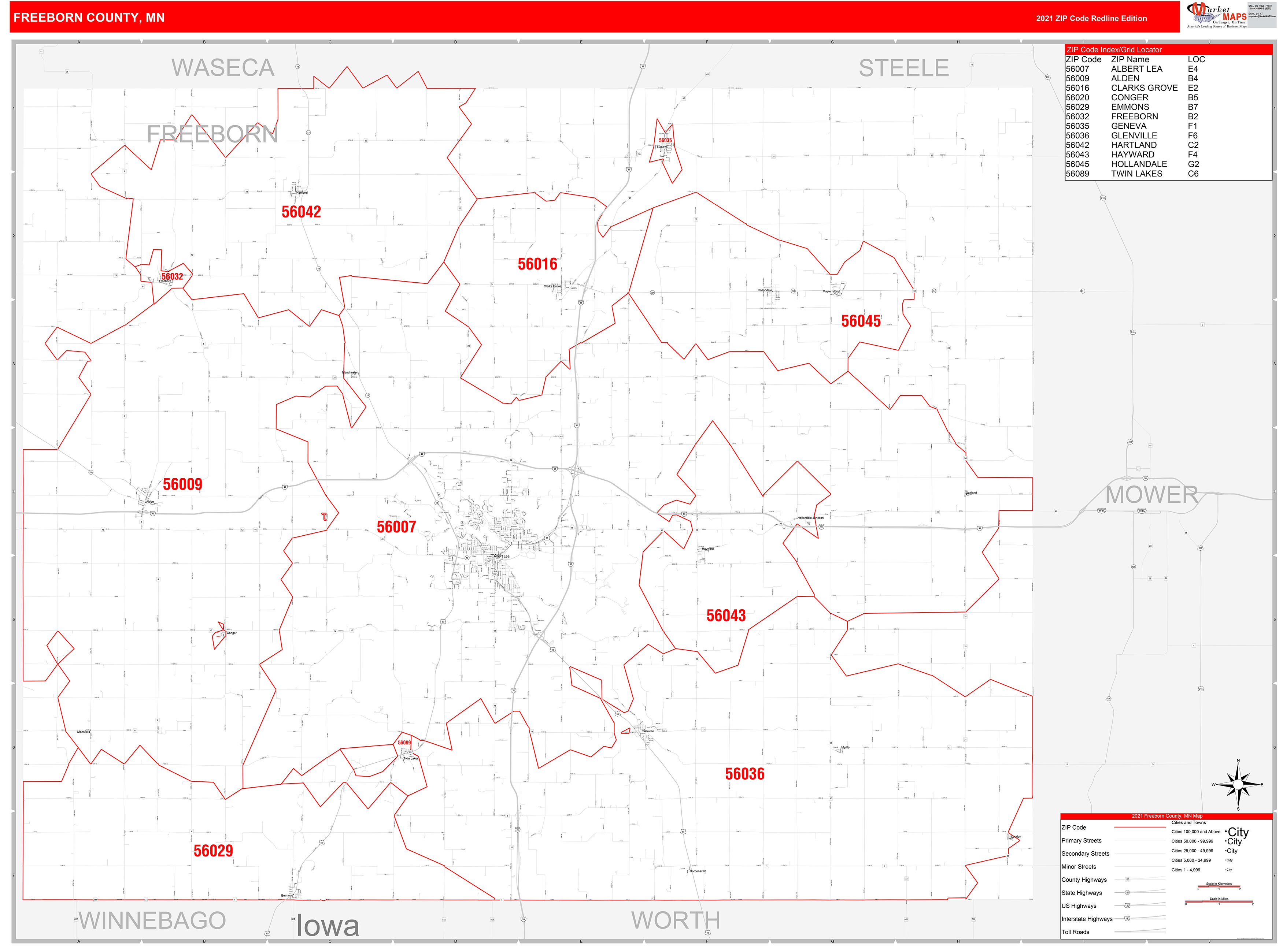 Freeborn County, MN Zip Code Wall Map Red Line Style by MarketMAPS
