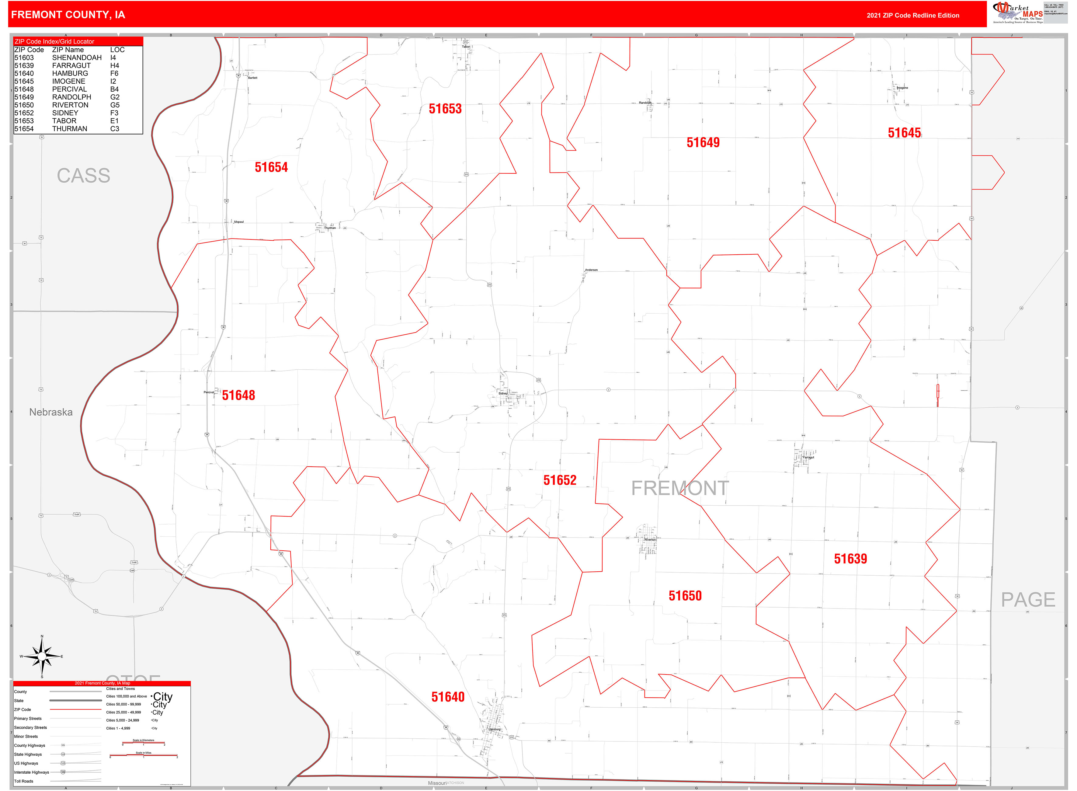 Fremont County Ia Zip Code Wall Map Red Line Style By Marketmaps