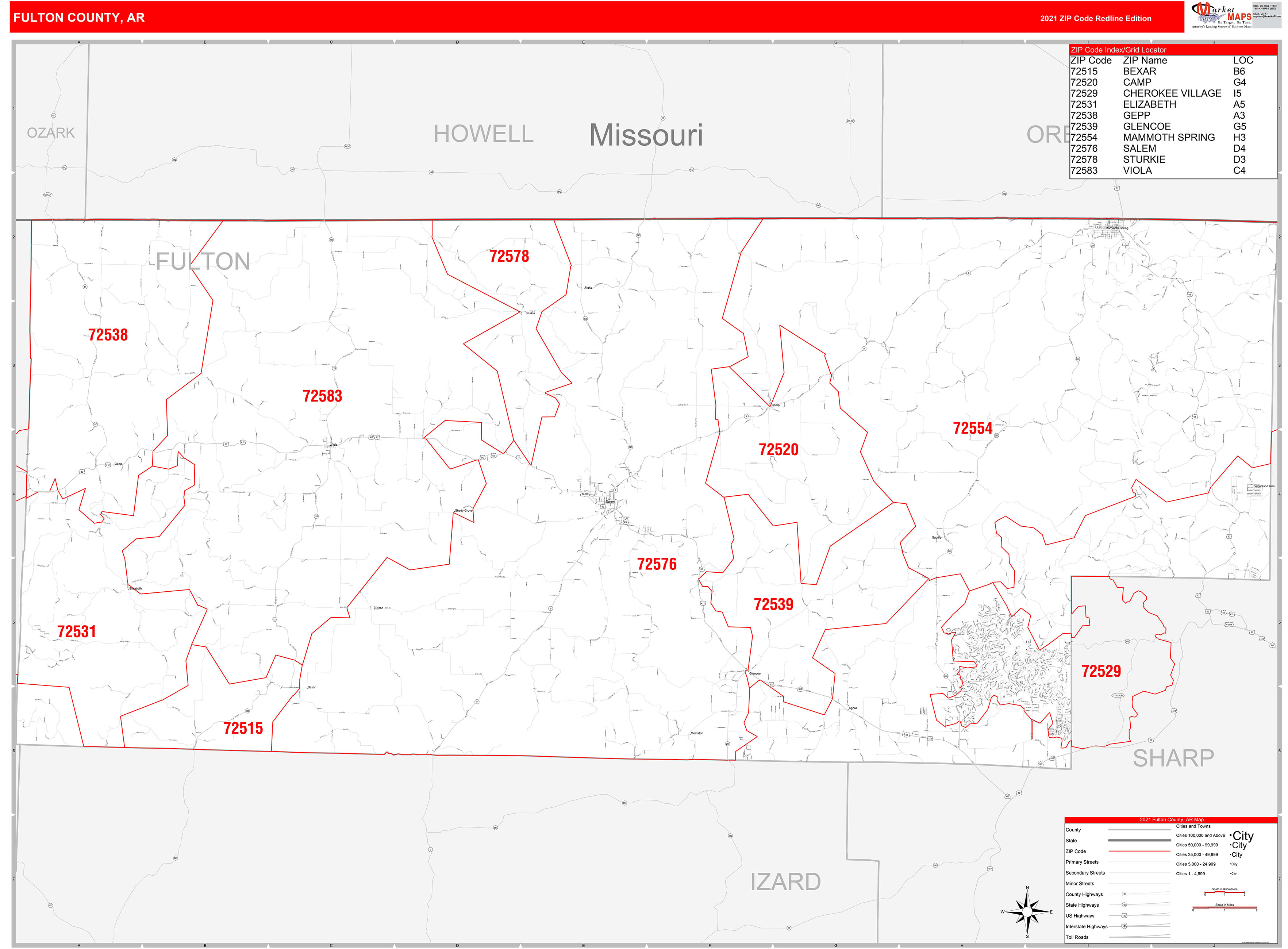 Fulton County, AR Zip Code Wall Map Red Line Style by MarketMAPS