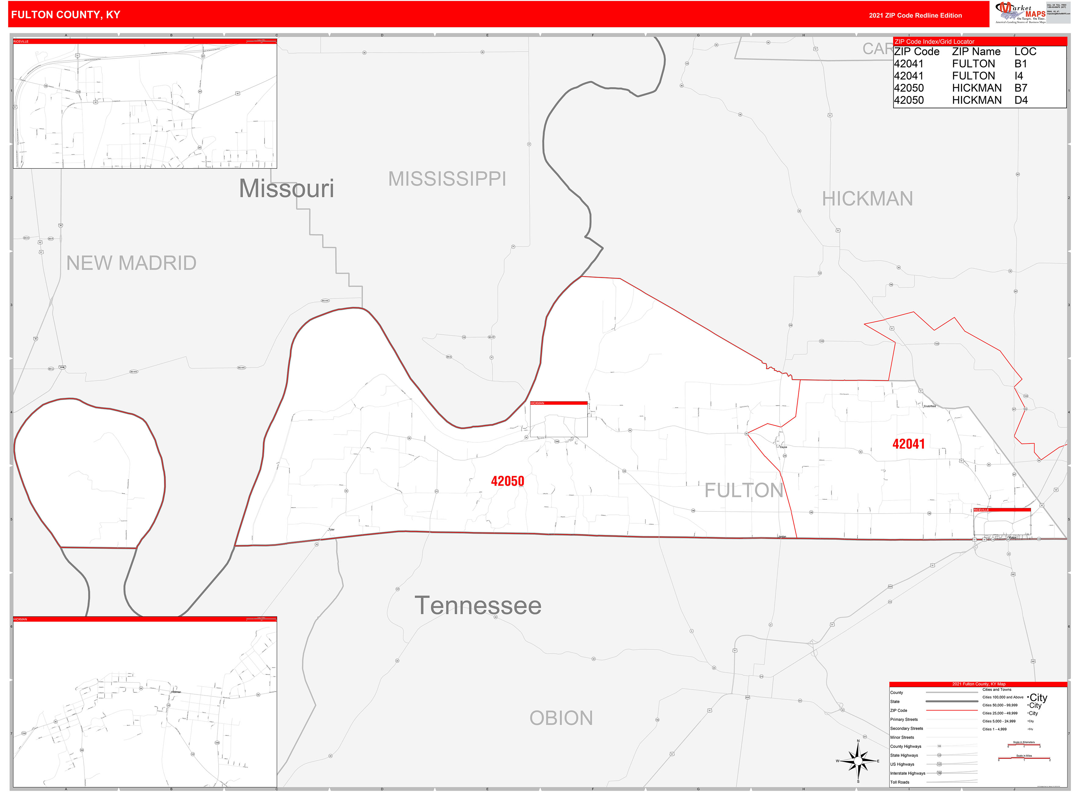 Fulton County, KY Zip Code Wall Map Red Line Style by MarketMAPS