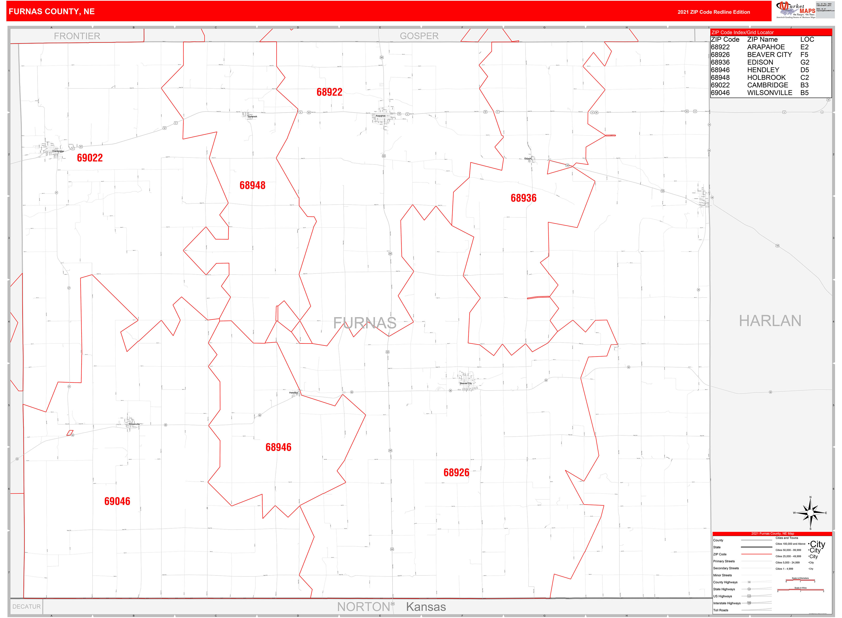 Furnas County, NE Zip Code Wall Map Red Line Style by MarketMAPS