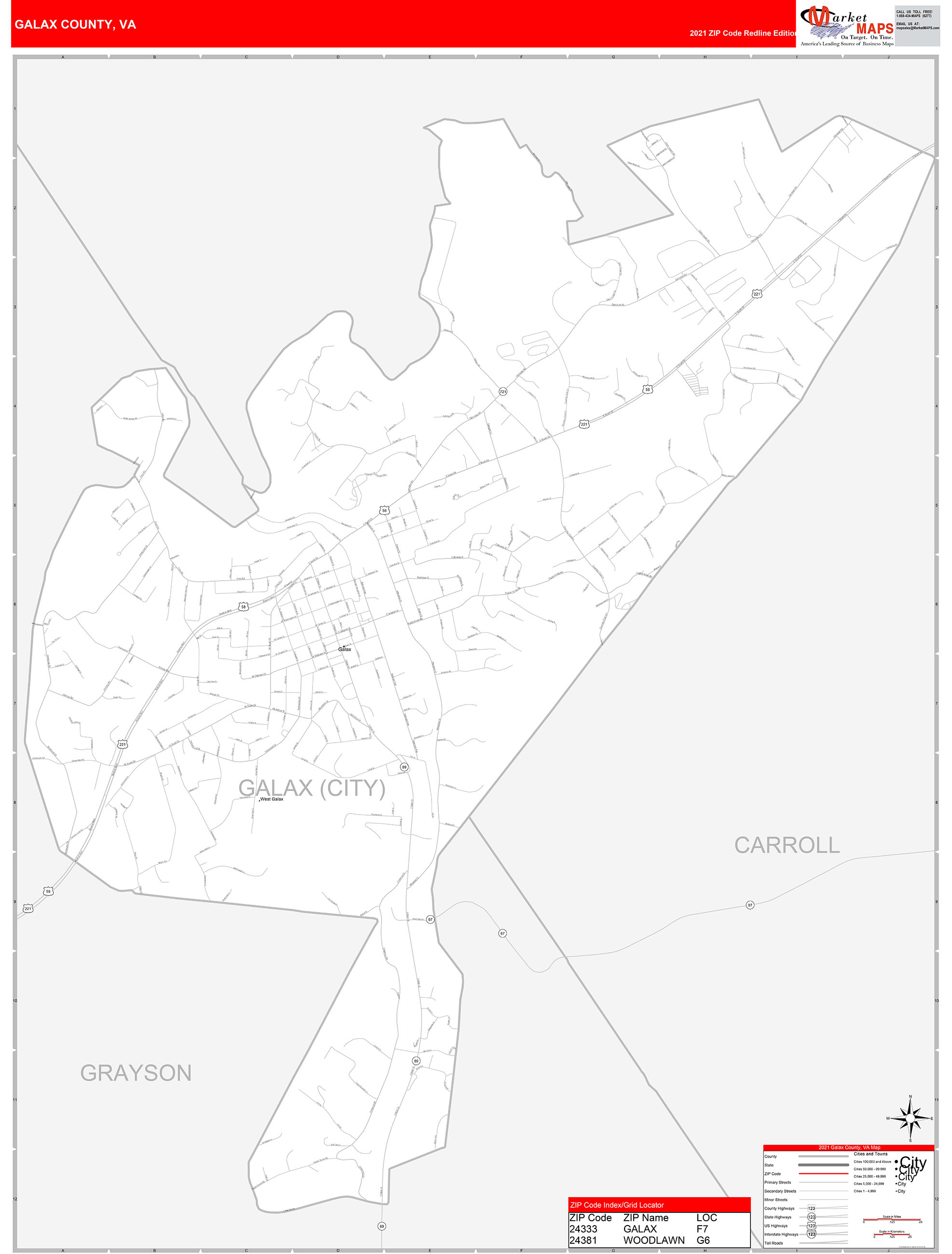 Galax County, VA Zip Code Wall Map Red Line Style by MarketMAPS