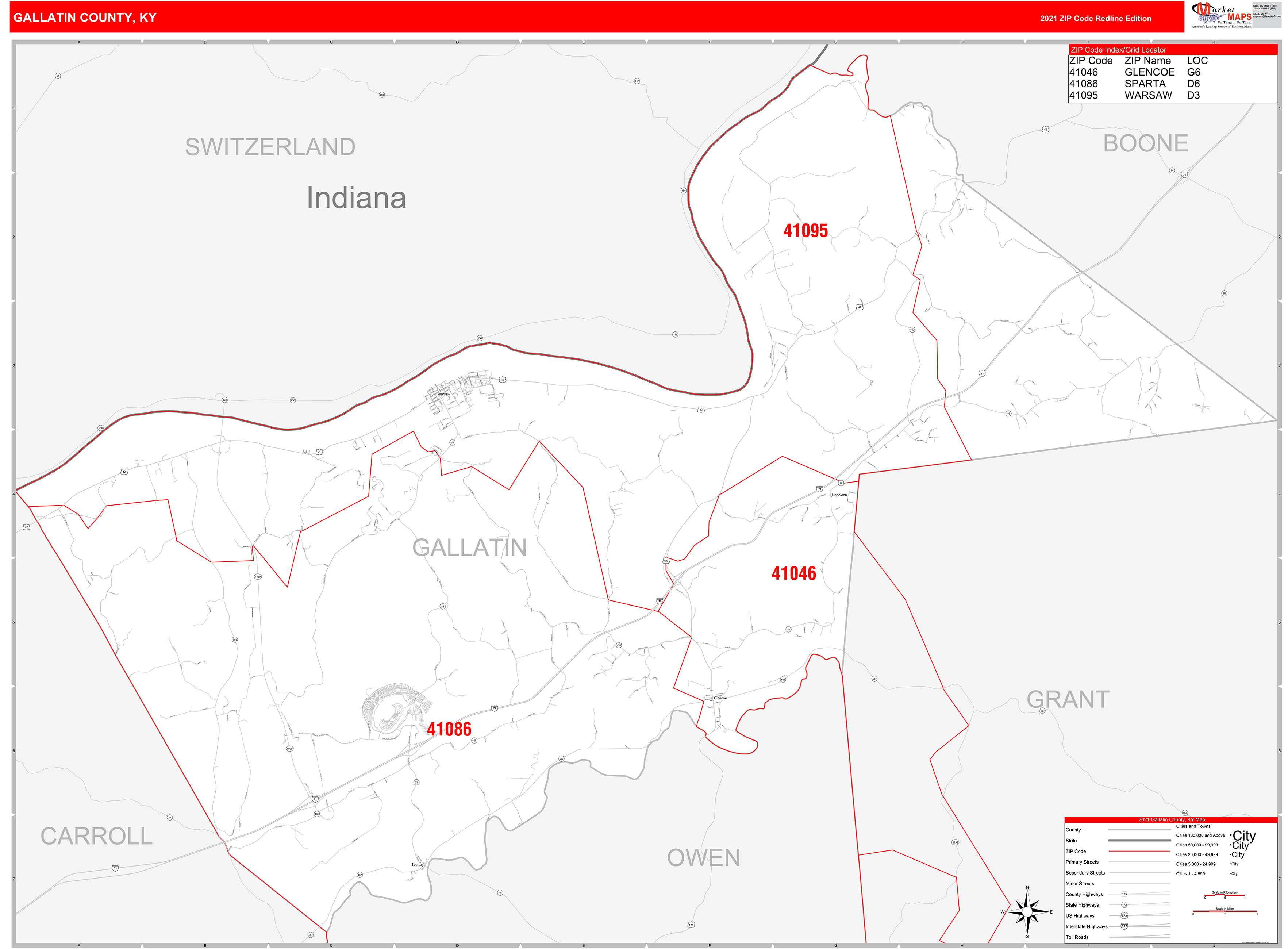 Gallatin County, KY Zip Code Wall Map Red Line Style by MarketMAPS