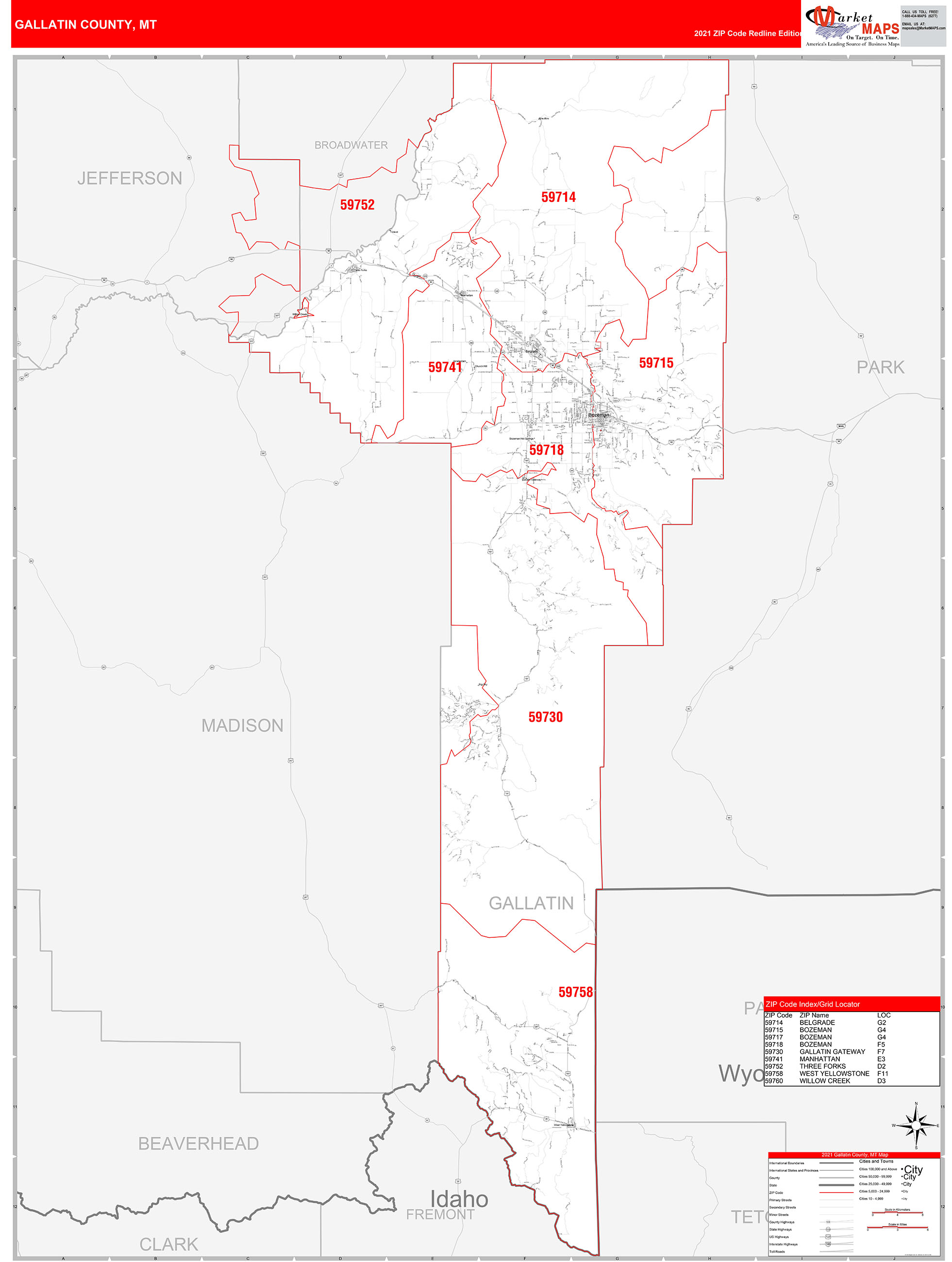 Gallatin County, MT Zip Code Wall Map Red Line Style by MarketMAPS