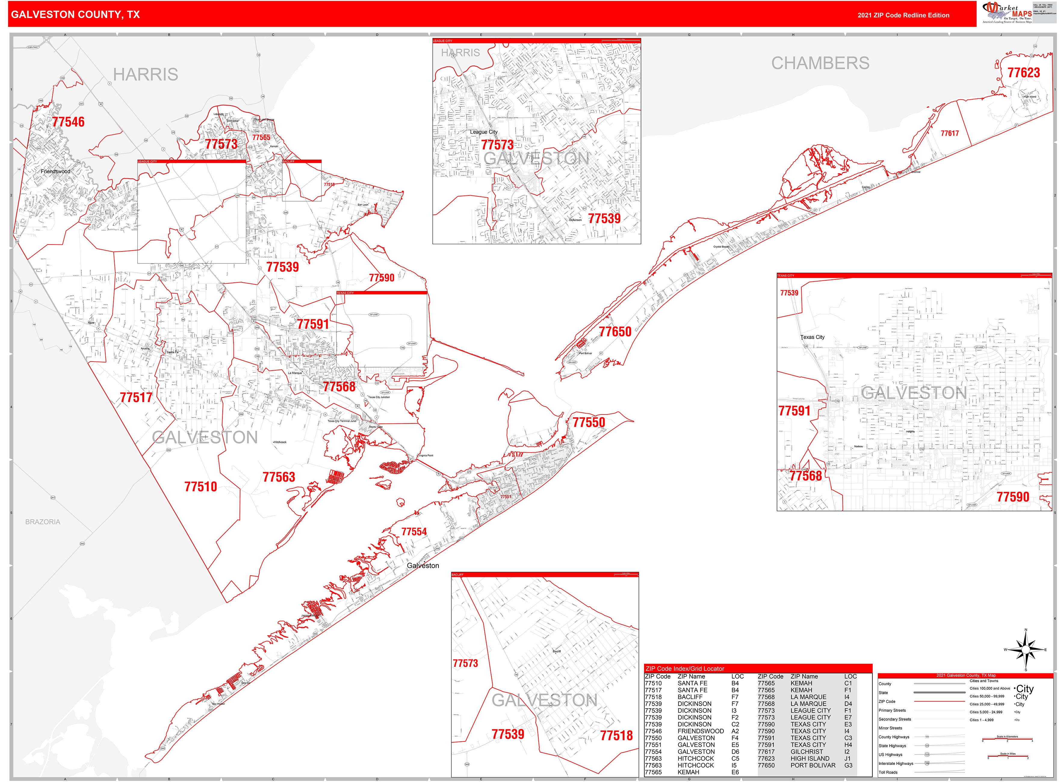 Galveston County Tx Zip Code Wall Map Red Line Style By Marketmaps