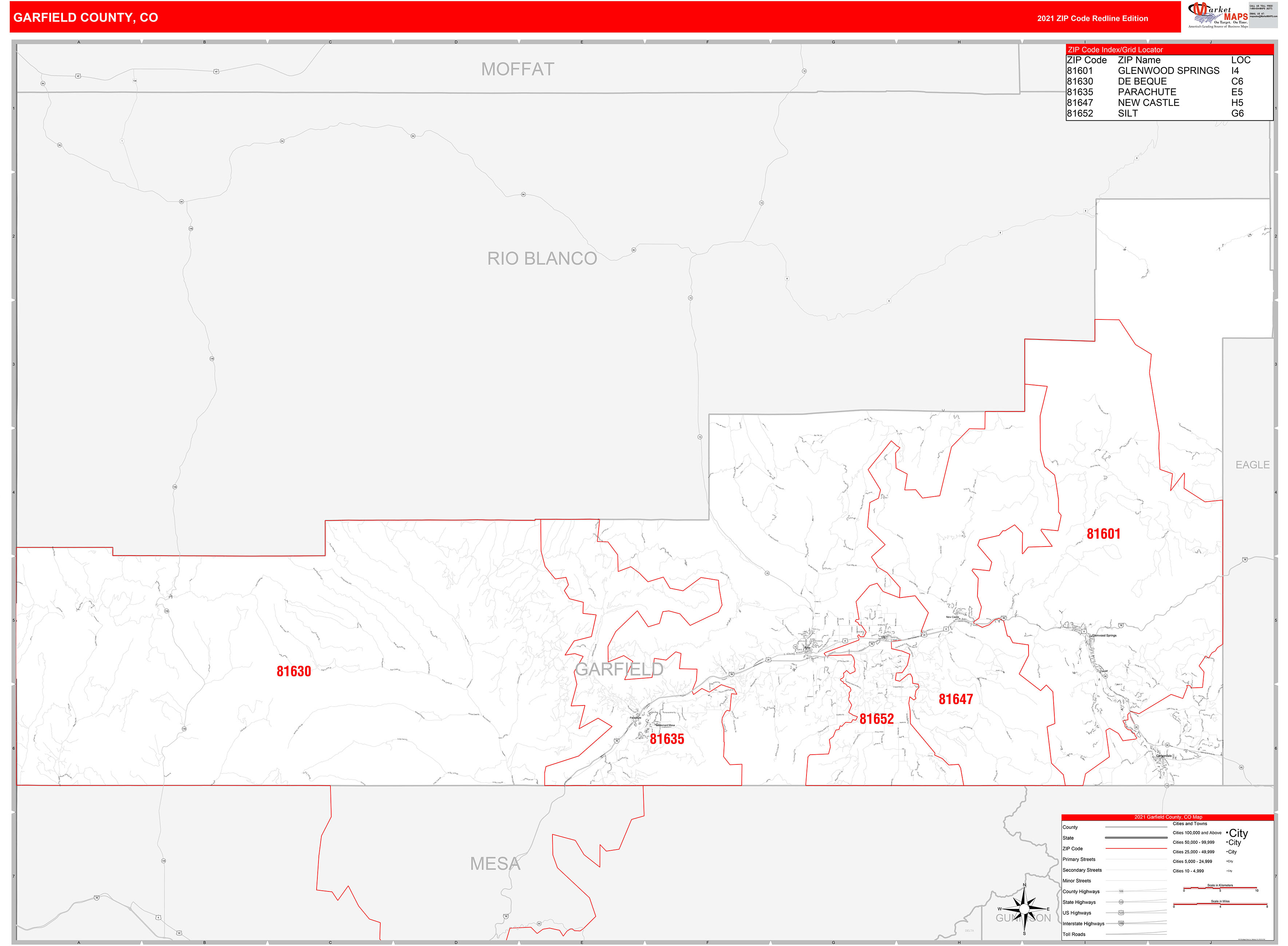 Garfield County, CO Zip Code Wall Map Red Line Style by MarketMAPS