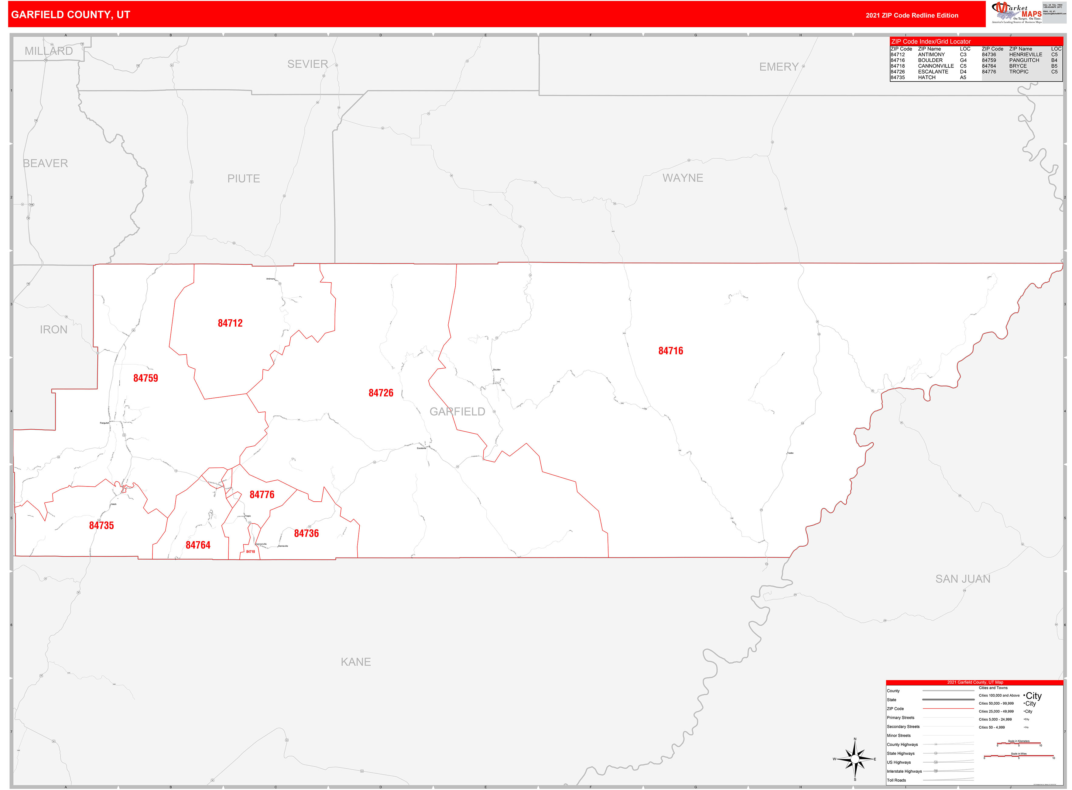 Garfield County, UT Zip Code Wall Map Red Line Style by MarketMAPS