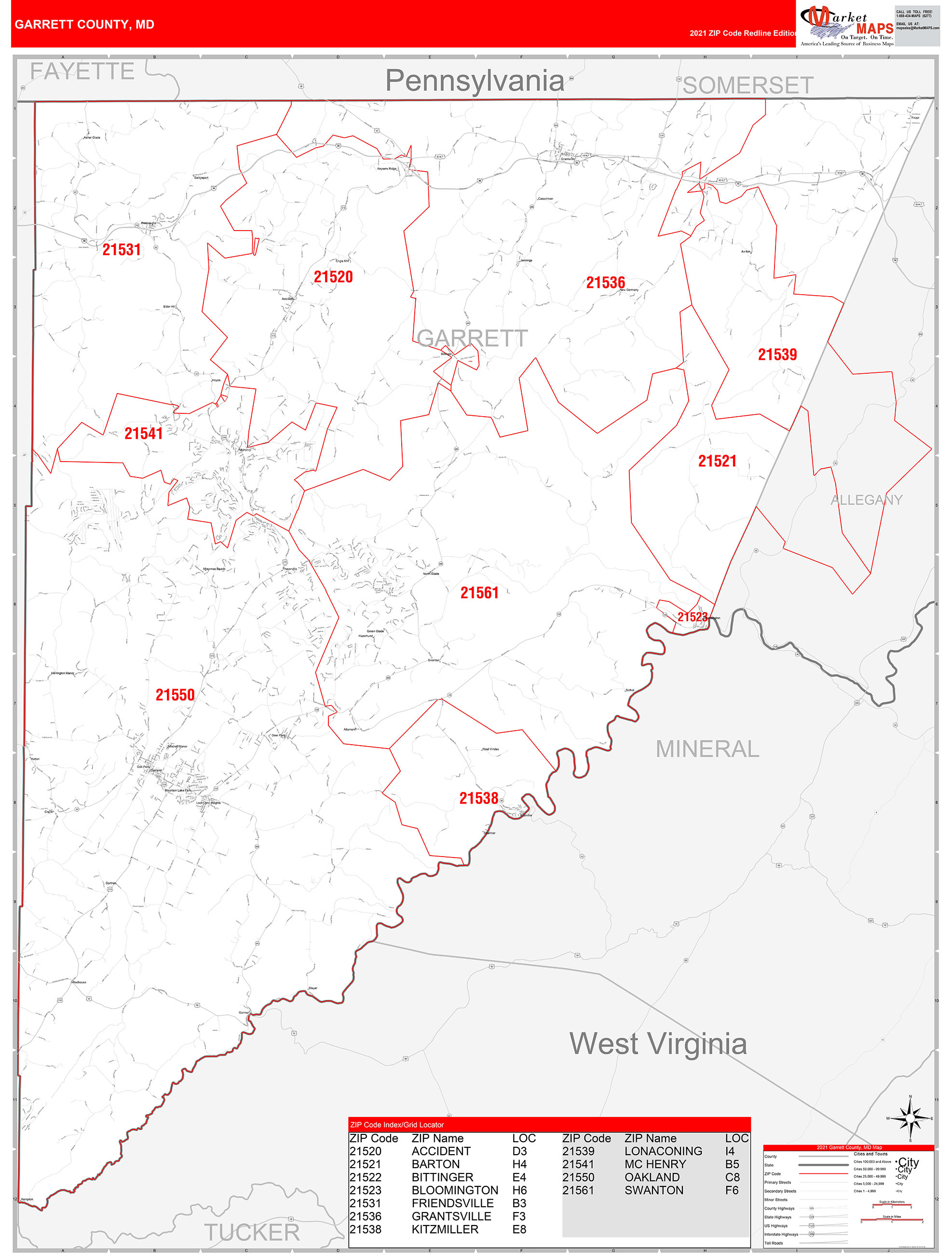 Garrett County Md Zip Code Wall Map Red Line Style By Marketmaps