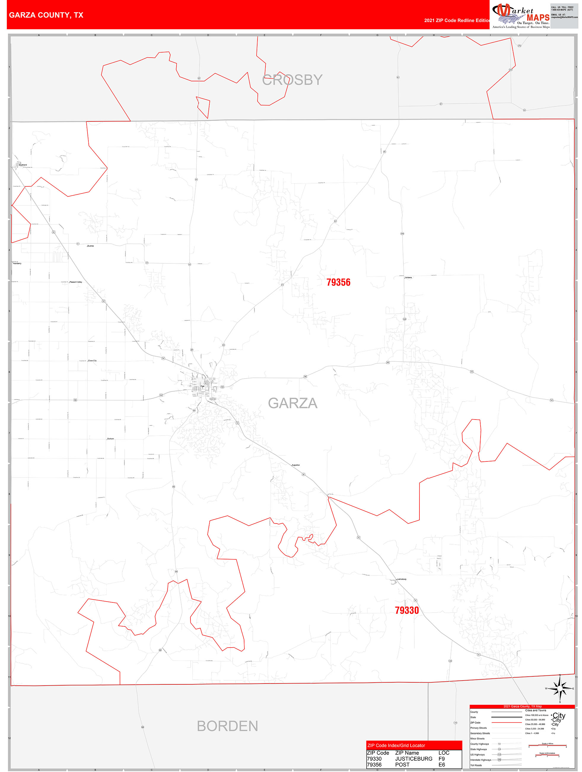 Garza County, TX Zip Code Wall Map Red Line Style by MarketMAPS MapSales