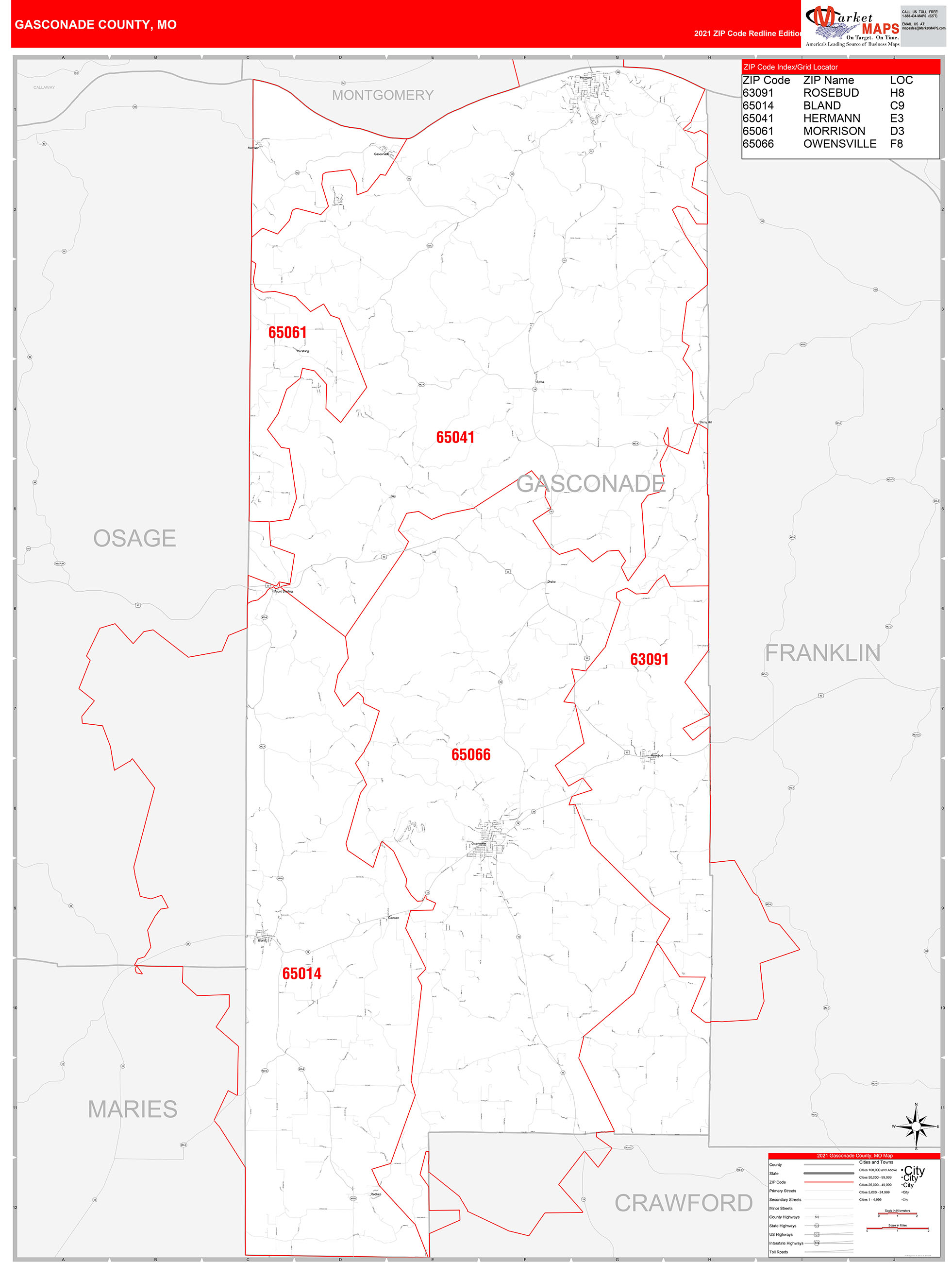 Gasconade County, MO Zip Code Wall Map Red Line Style by MarketMAPS