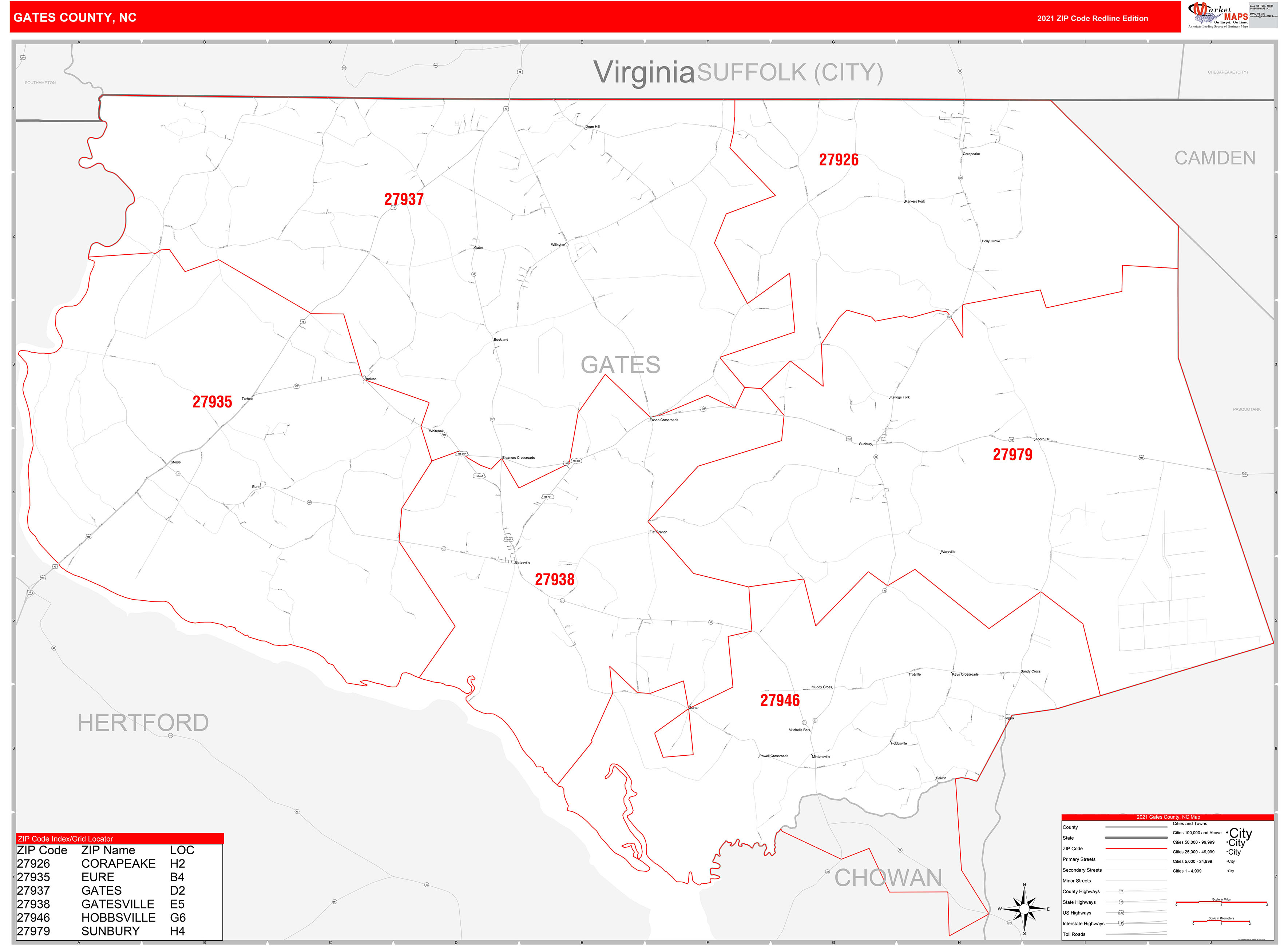 Gates County, NC Zip Code Wall Map Red Line Style by MarketMAPS