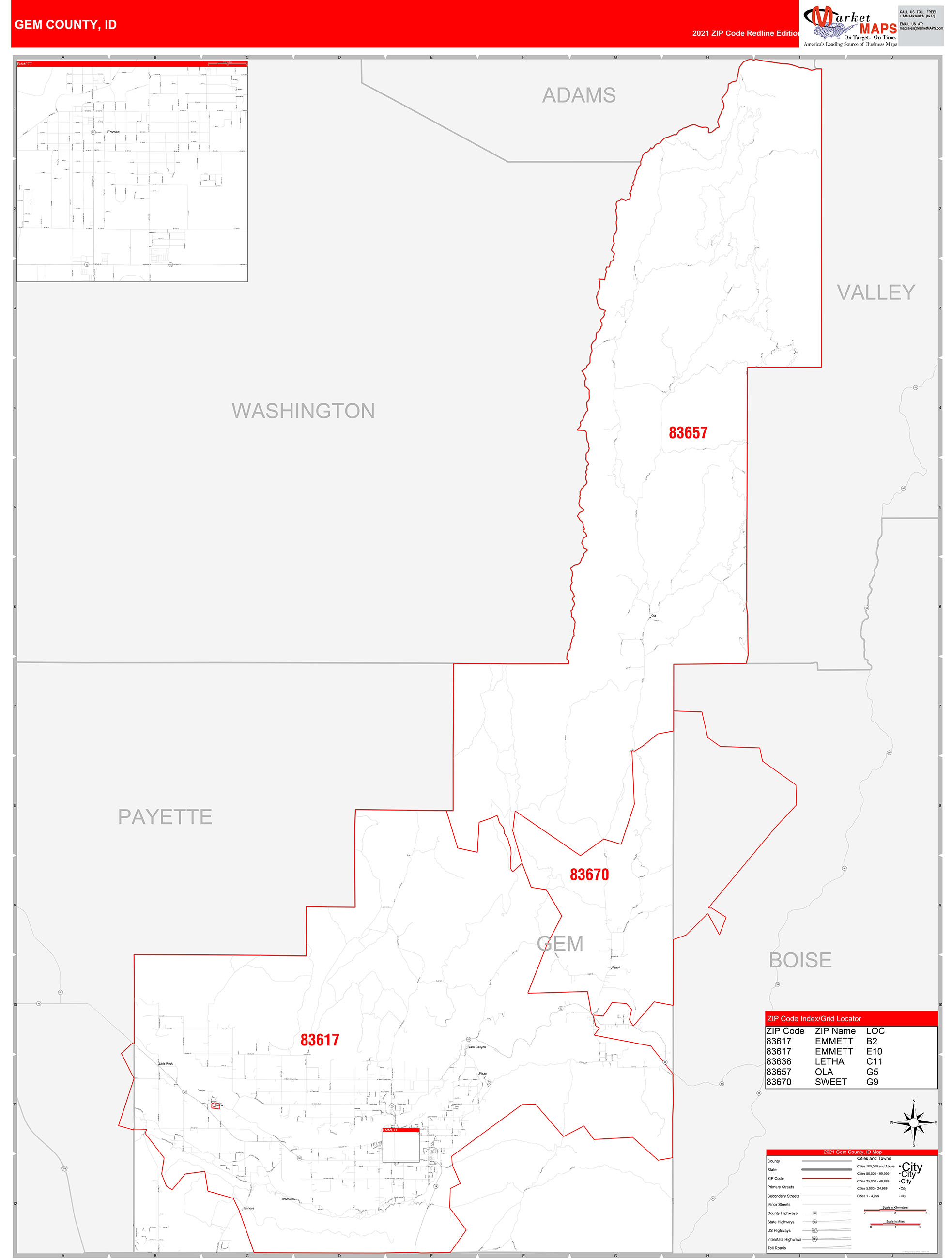 Gem County, ID Zip Code Wall Map Red Line Style by MarketMAPS