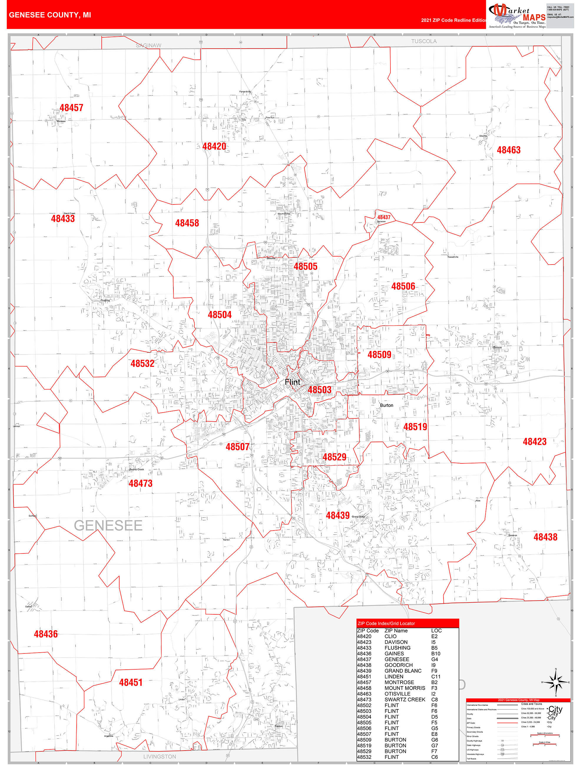 Genesee County Mi Zip Code Wall Map Red Line Style By Marketmaps