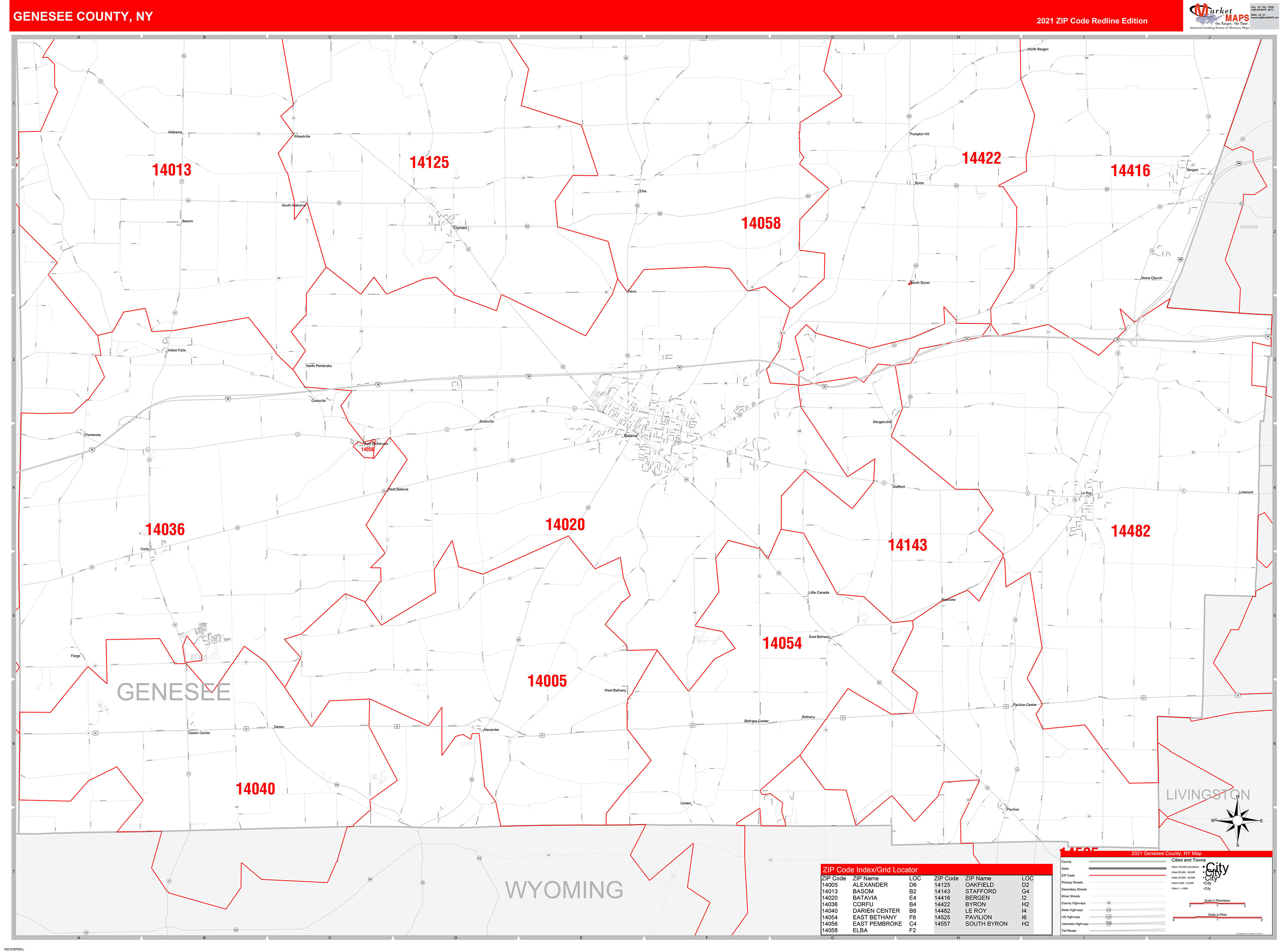 Genesee County, NY Zip Code Wall Map Red Line Style by MarketMAPS