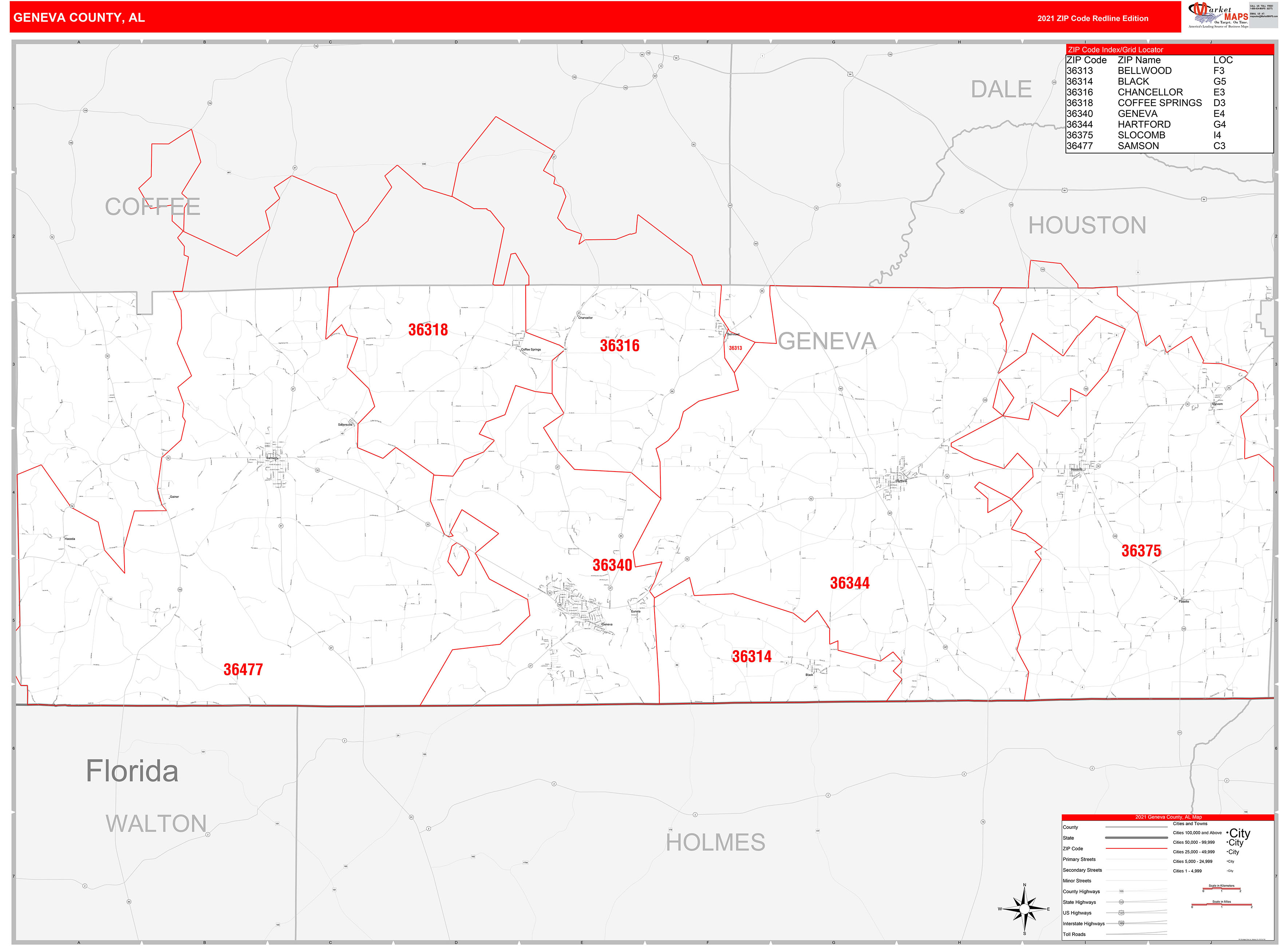 Geneva County, AL Zip Code Wall Map Red Line Style by MarketMAPS