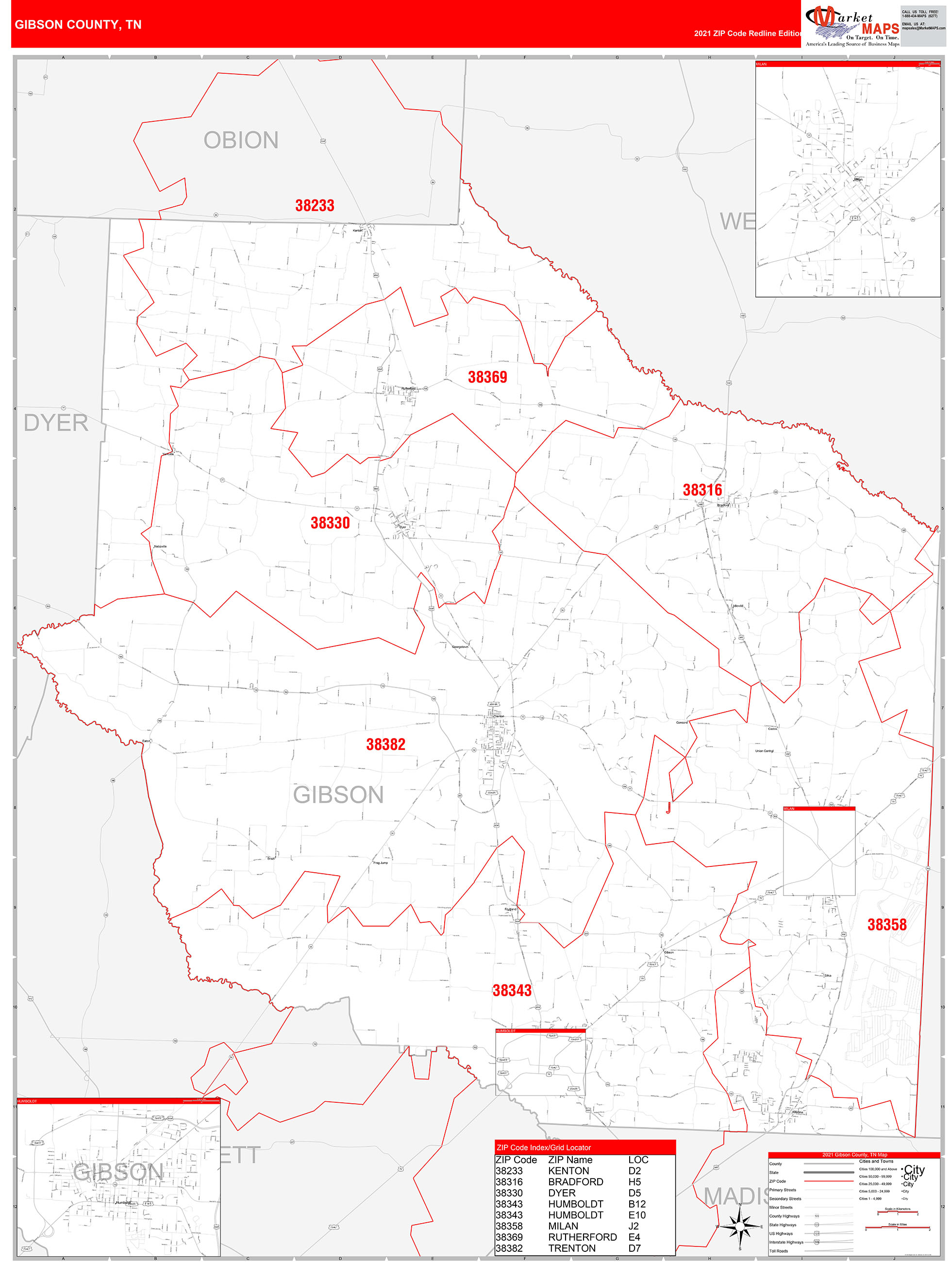 Gibson County, TN Zip Code Wall Map Red Line Style by MarketMAPS MapSales